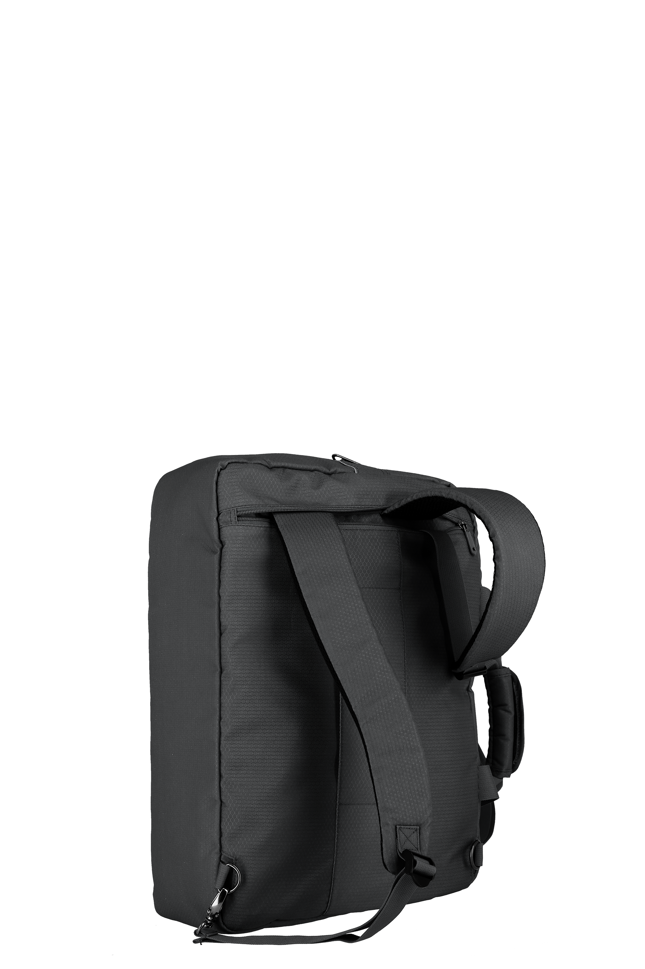 Schwarzer Rucksack mit gepolsterten Schultergurten, Seitenansicht