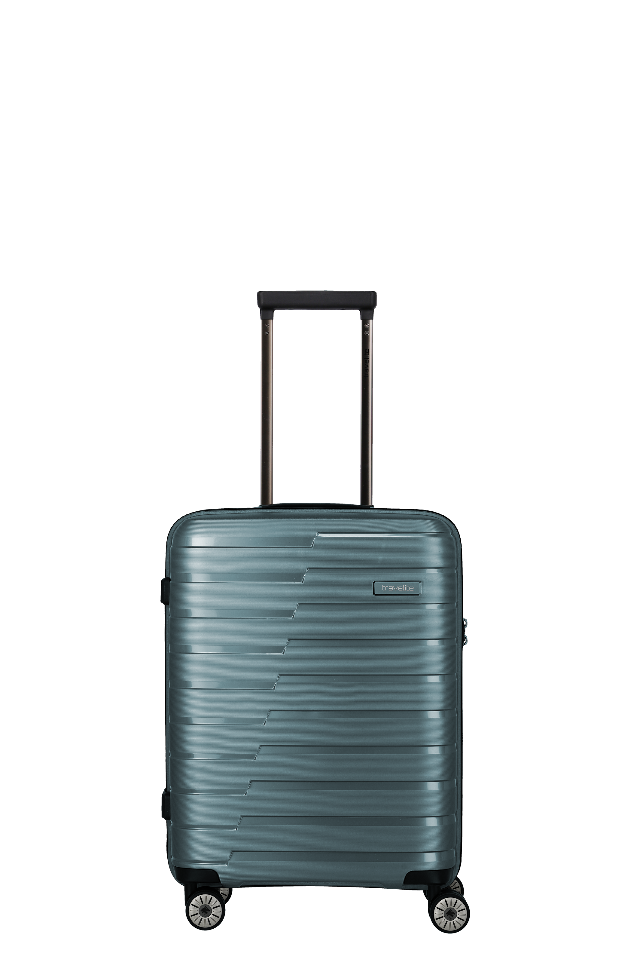Leichter Handgepäck-Koffer in Türkis von Travelite mit vier Rollen und Teleskopgriff Moderner, türkisfarbener Travelite Handgepäck-Koffer mit vier Doppellaufrollen und ausziehbarem Teleskopgriff, ideal für Reisen