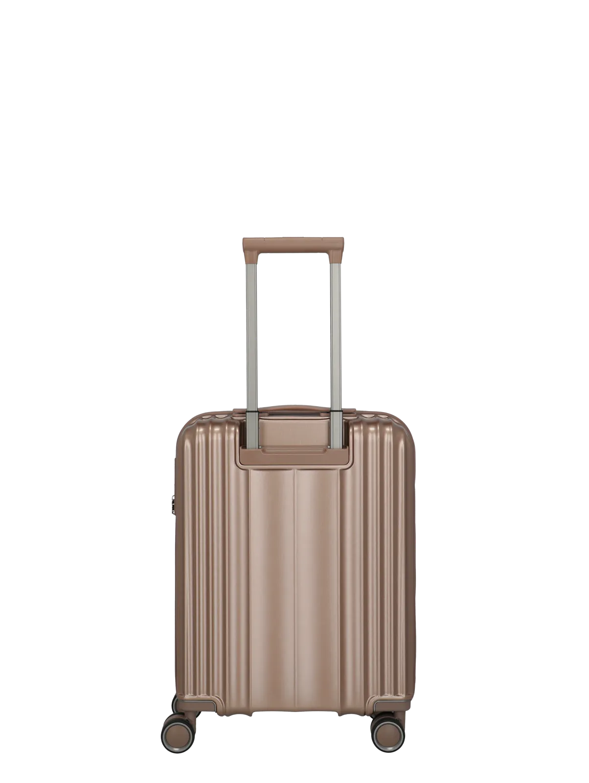 Eleganter Hartschalenkoffer in Metallic-Roségold mit Teleskopgriff und vier Rollen – ideal als Handgepäck
