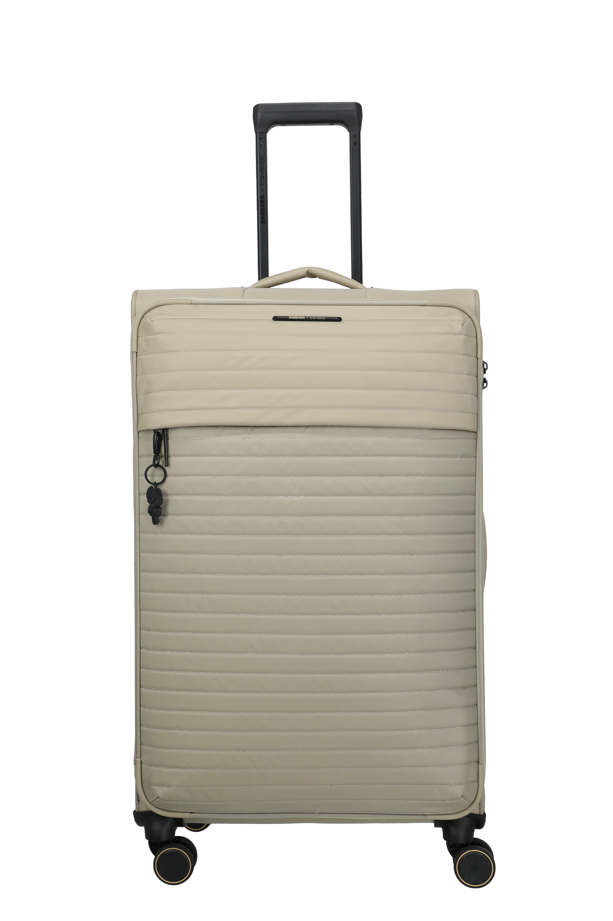 Großer beiger Trolley-Koffer mit vier Rollen und Teleskopgriff – ideal für Reisen Beiger Hartschalenkoffer mit vier 360°-Rollen und ausziehbarem Griff, perfekt als Reisetrolley