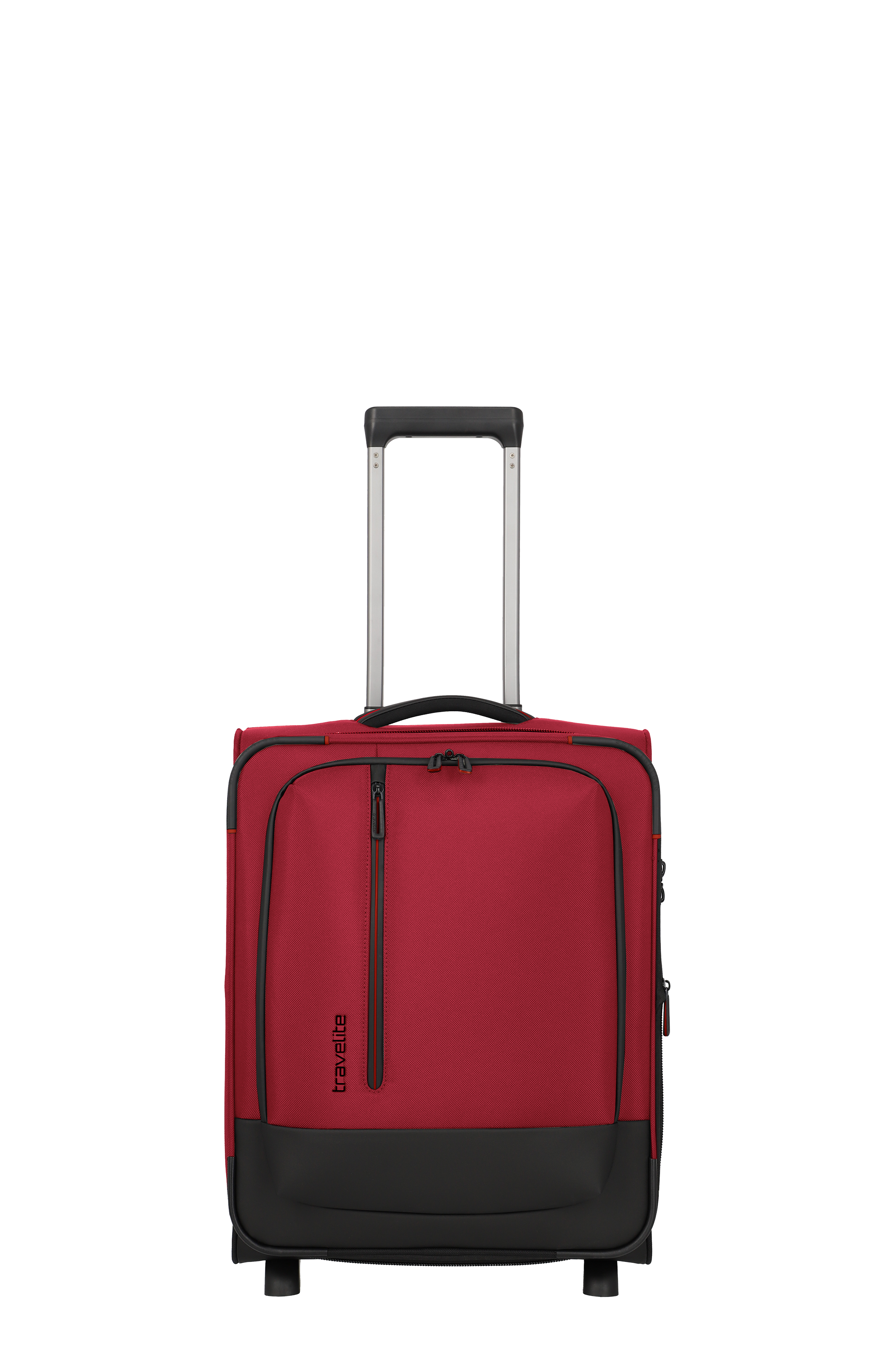 Roter Weichschalen-Trolley mit Teleskopgriff, Handgepäckgröße, von travelite Vorderansicht eines roten Weichschalen-Trolleys mit ausziehbarem Griff, ideal als Handgepäck