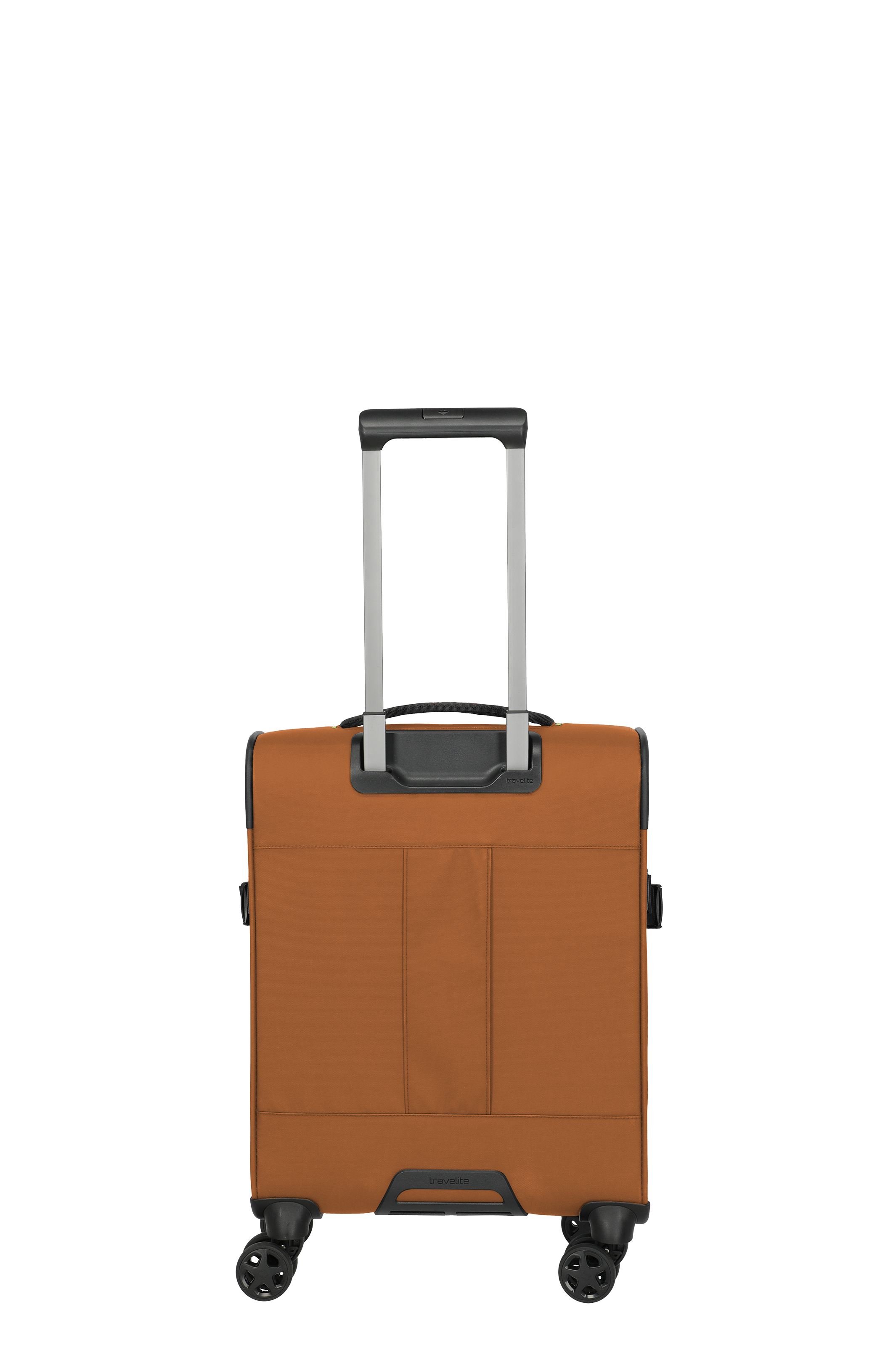 Brauner Weichschalenkoffer mit Teleskopgriff und vier Rollen – Rückansicht