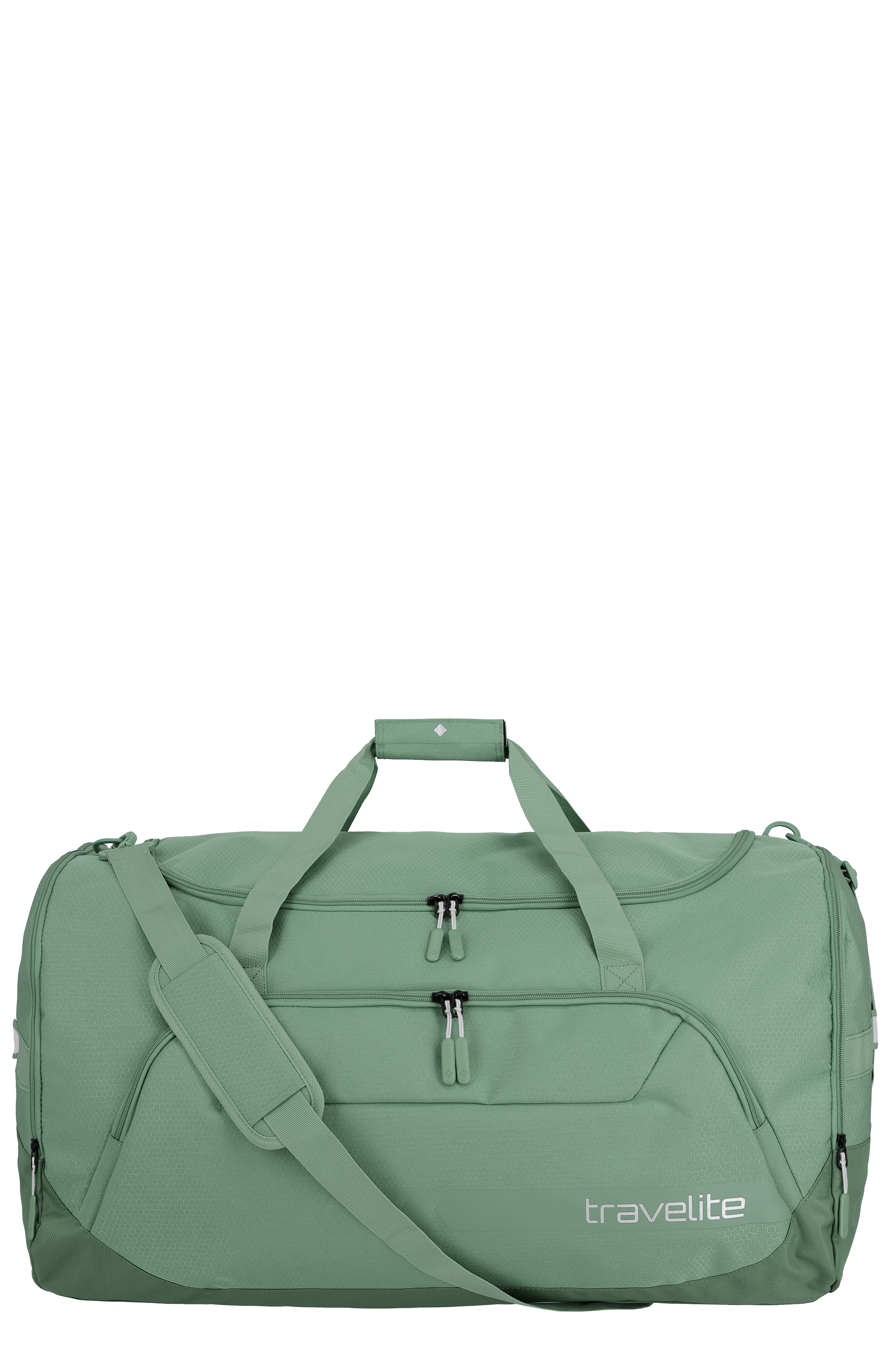 Eine hellgrüne TRAVELITE Freizeittasche XL liegt auf einer schwarzen Oberfläche. Die Tasche hat Tragegriffe, einen Schultergurt und zwei Außentaschen mit Reißverschlüssen. Das TRAVELITE Logo ist unten rechts aufgedruckt.