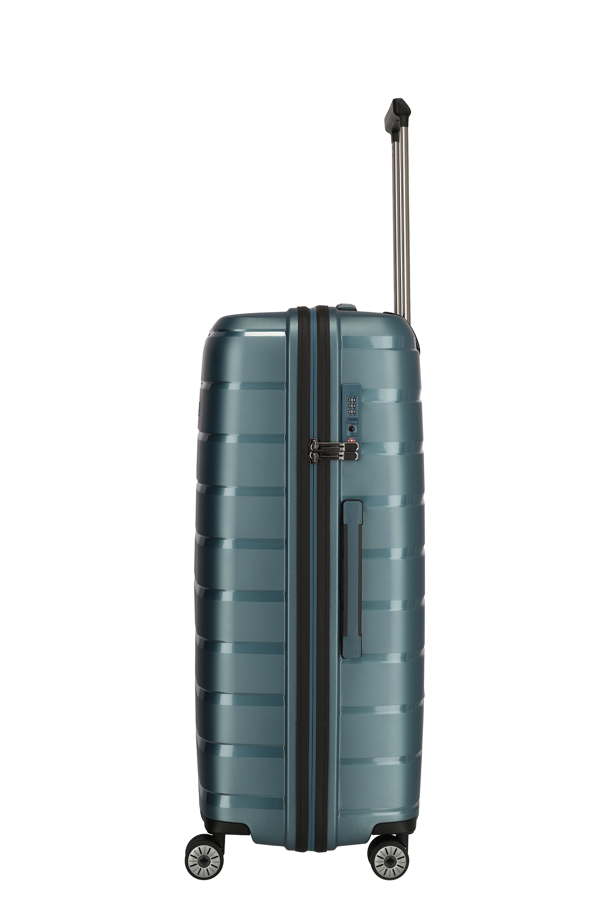 Robuster Hartschalenkoffer in Blau mit vier Rollen und ausziehbarem Teleskopgriff – Seitenansicht