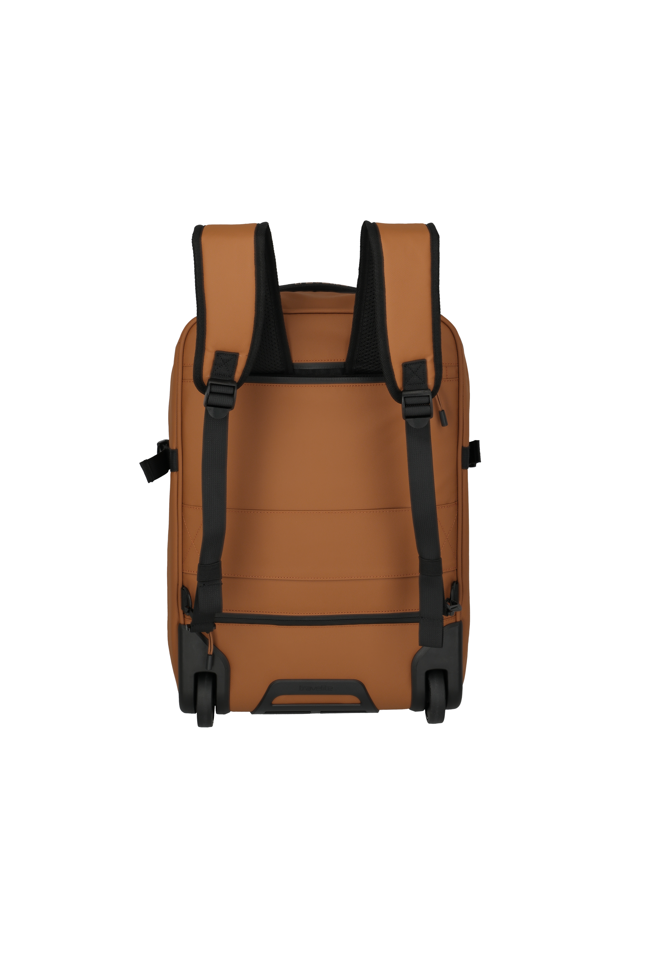 Rucksack-Trolley in Braun mit Schultergurten und Rollen – Rückansicht