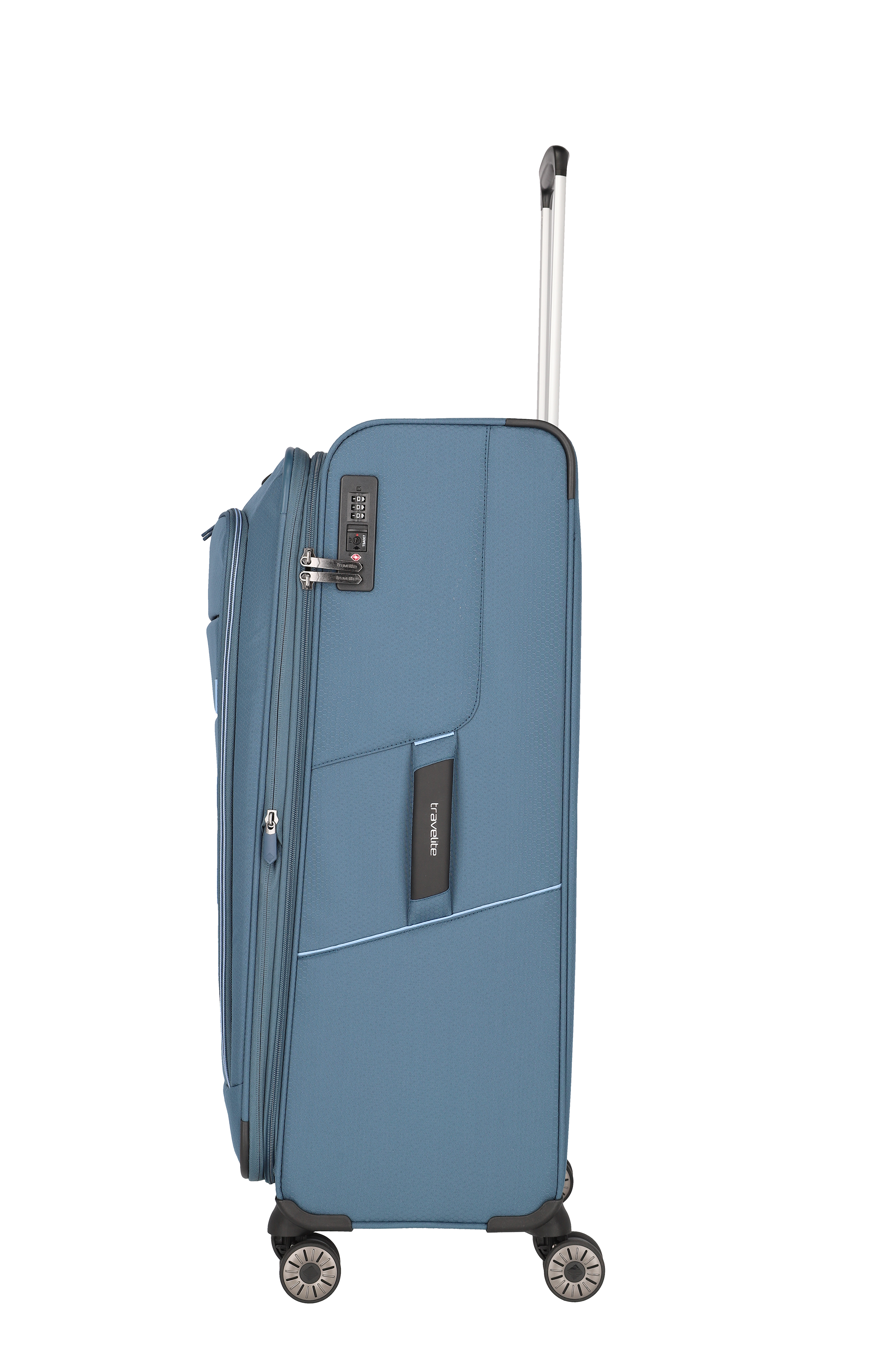 Blauer Rollkoffer mit vier Rollen und Zahlenschloss – ideale Reisetasche für Urlaub und Businessreisen
