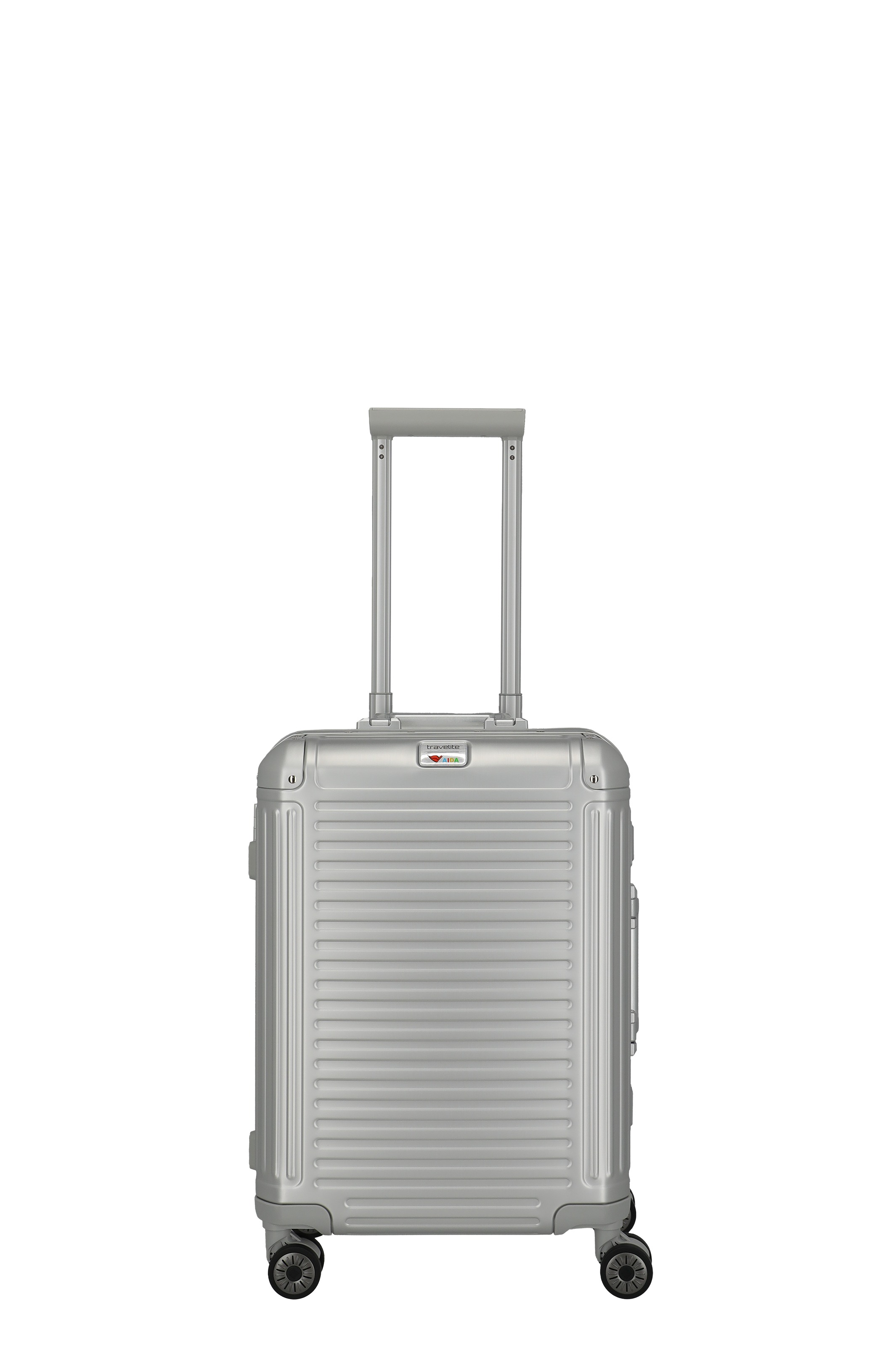 Silberner Hartschalen-Trolley mit vier Rollen und ausziehbarem Griff Moderner silberner Hartschalenkoffer mit Rollen und teleskopierbarem Griff, stehend auf weißem Hintergrund