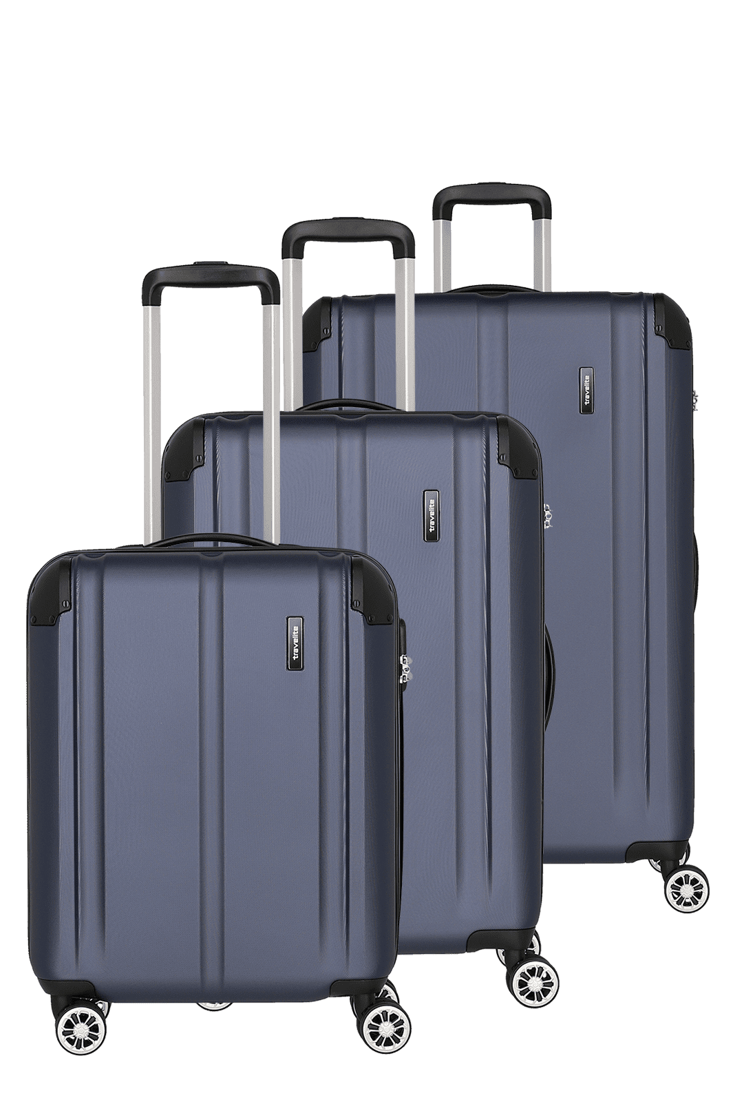 Stilvolles 3-teiliges Kofferset in Blau mit leichtem Polycarbonat-Gehäuse und Teleskopgriffen Drei blaue Rollkoffer in verschiedenen Größen mit Teleskopgriffen und robustem Design