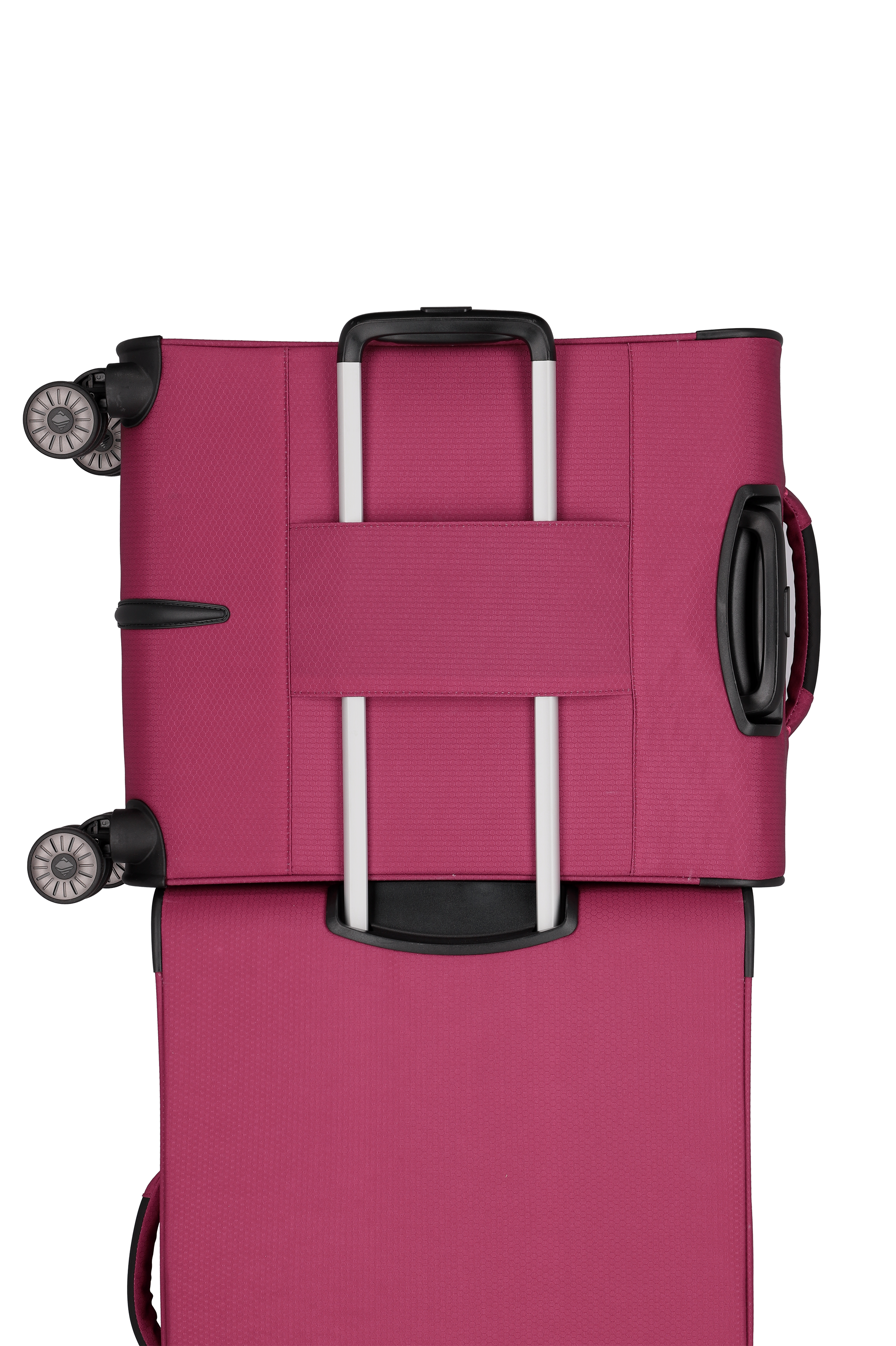 Detailansicht eines pinken Trolleys mit Rollen und ausziehbarem Griff