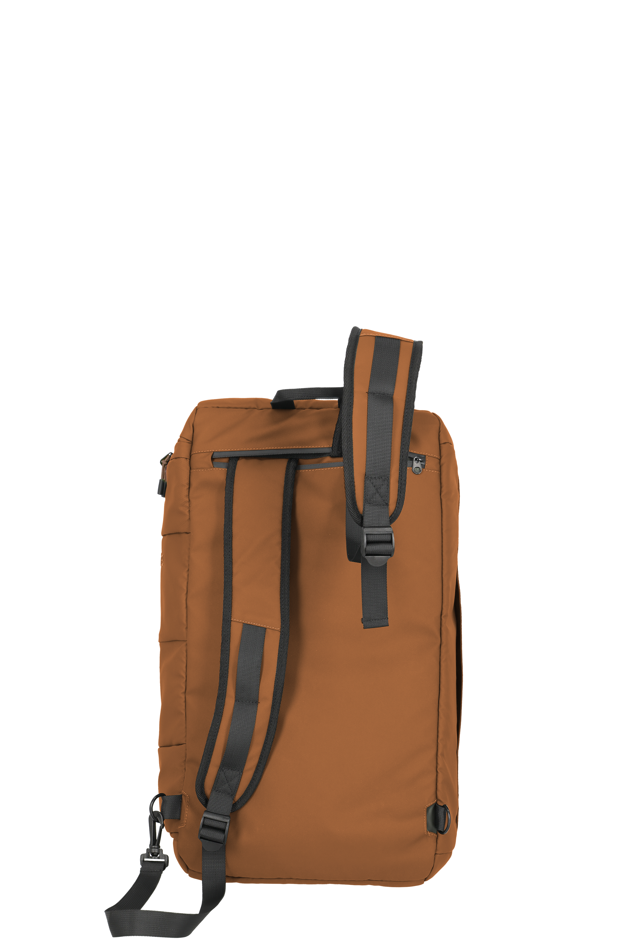 Moderner brauner Rucksack mit schwarzen Riemen – Rückansicht, ideal für Alltag und Reisen