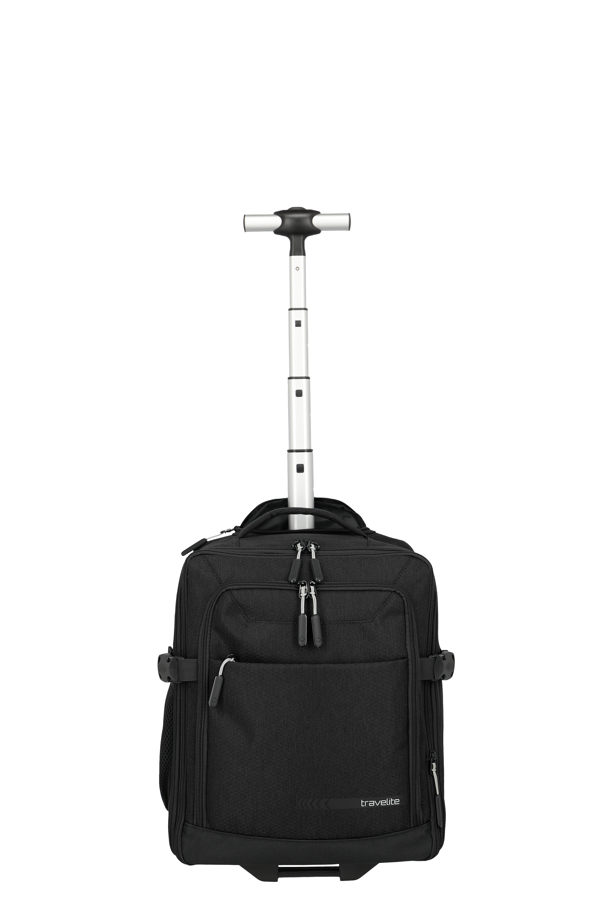 Un sac à dos noir Trolley de la marque Travelite est placé au centre sur un fond noir. La poignée télescopique est blanche et munie d'une poignée en T noire. Les fermetures éclair et les poches extérieures sont reconnaissables.