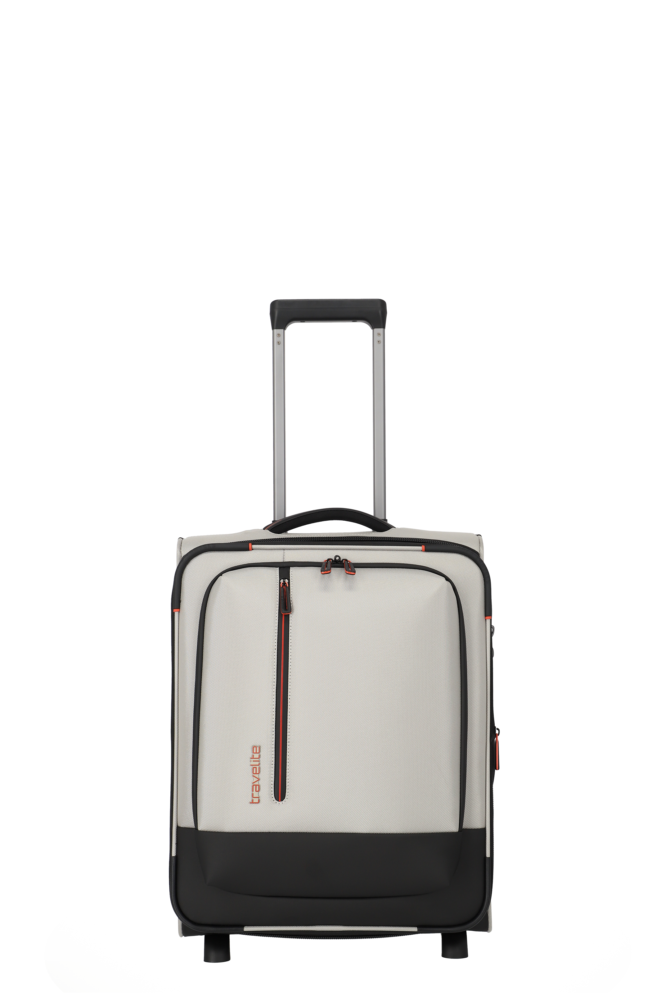 Leichter Trolley Handgepäck-Koffer aus Stoff in Beige mit schwarzen und orangen Details – ideale Reisetasche mit Rollen Beiger Reisetrolley aus Stoff mit Teleskopgriff, schwarzen und orangen Akzenten sowie Fronttasche, stehend auf Rollen