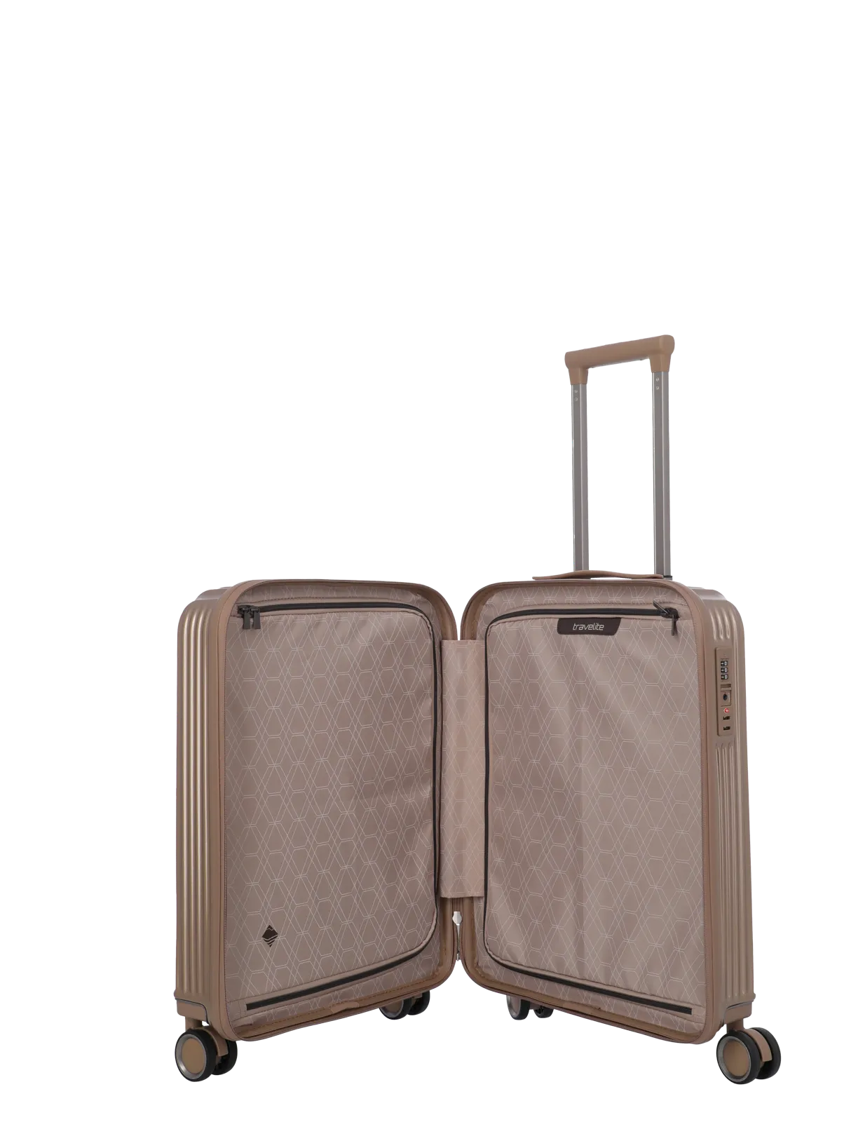 Leichter Hartschalenkoffer in Beige mit vier Rollen, ausziehbarem Griff und geöffnetem Innenraum mit Trennfächern