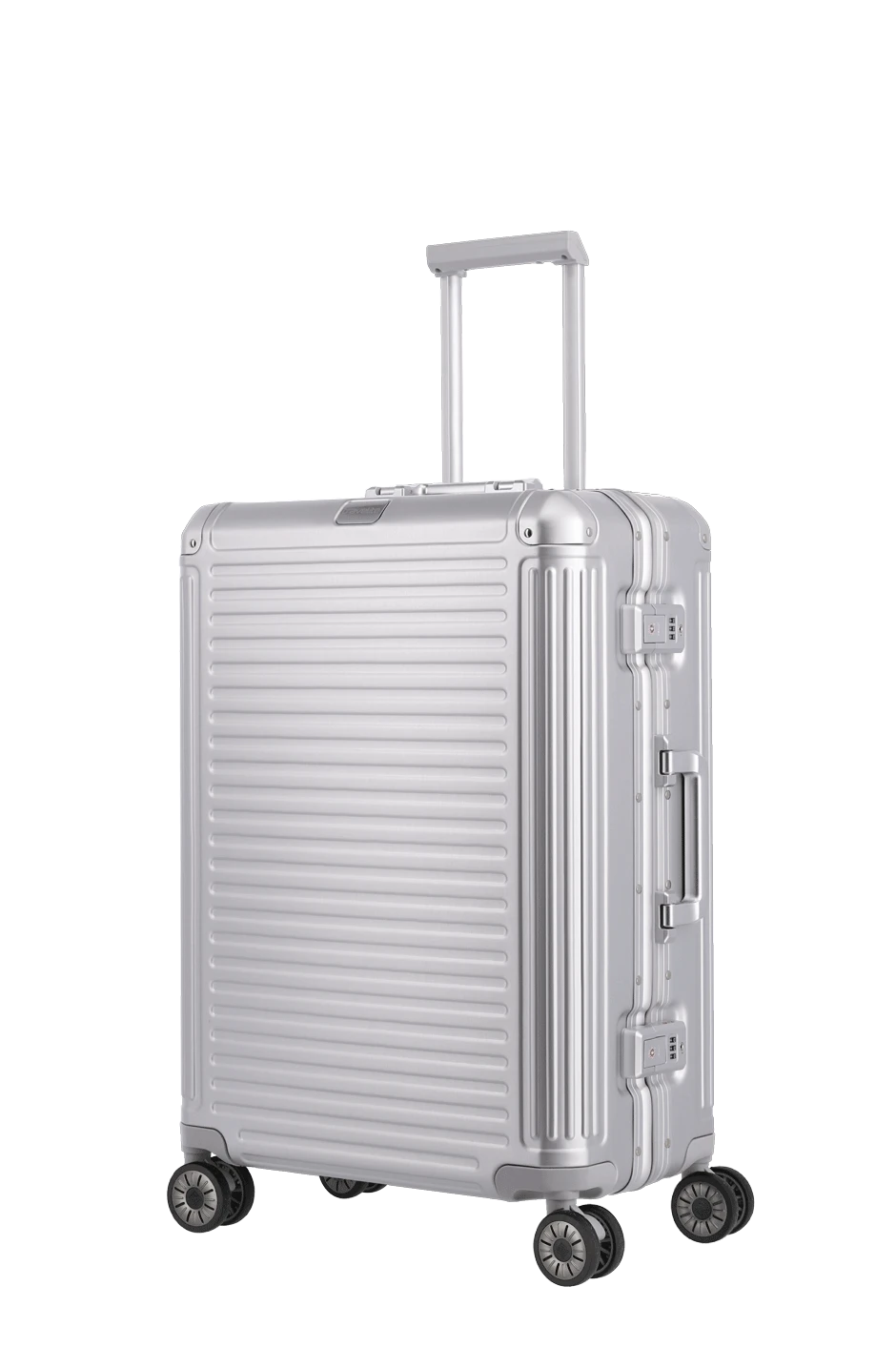 silberner Aluminium Koffer Next von travelite Schrägansicht