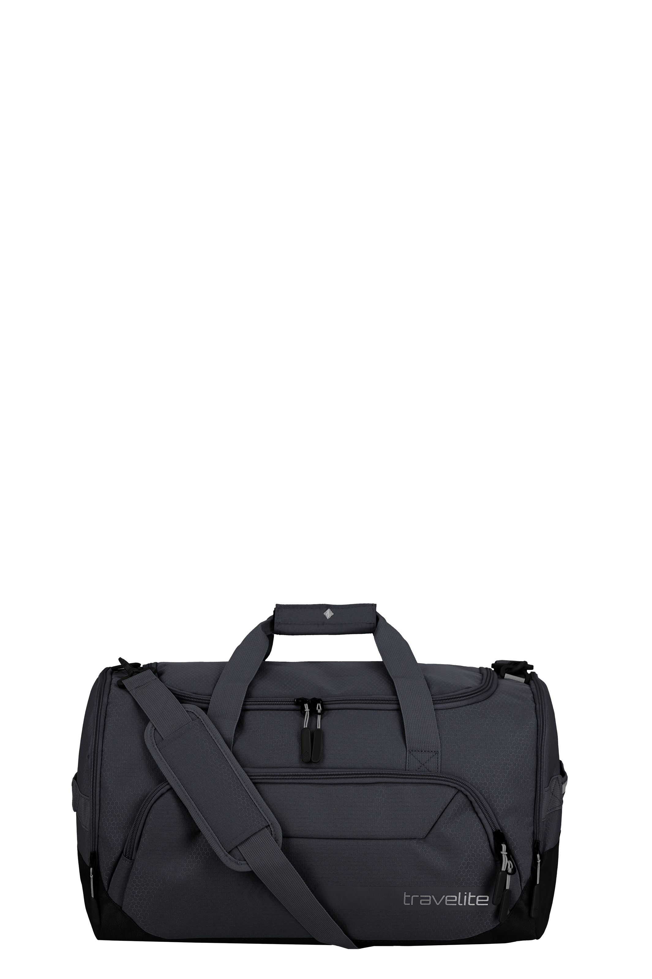 Dark grey TRAVELITE leisure bag M with carrying handles, detachable shoulder strap and zipped pockets. Visible TRAVELITE logo on the side. Padded handles for comfort and durability. Functional and practical travel bag.