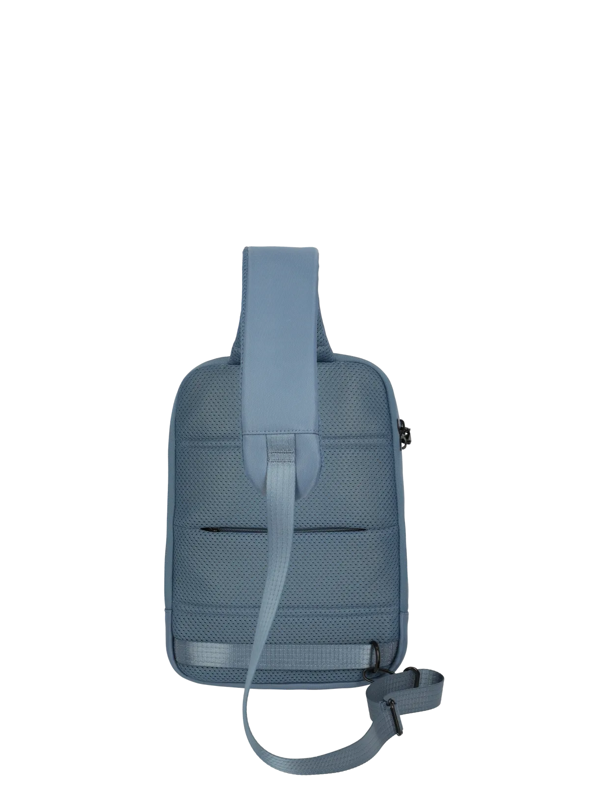 Rückansicht einer modernen, blauen Sling-Bag Umhängetasche mit verstellbarem Schultergurt