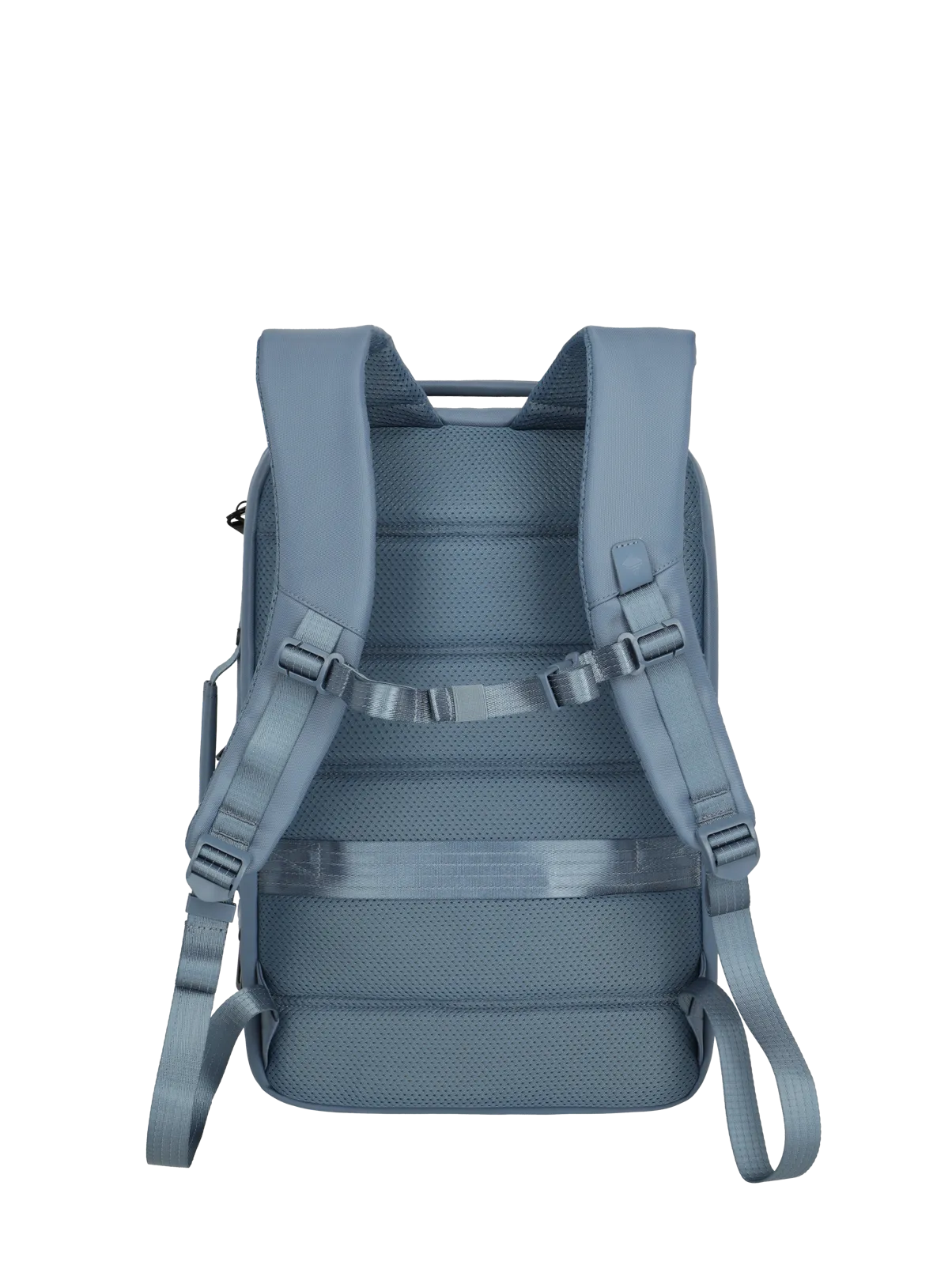 Rückansicht eines modernen, ergonomischen blauen Rucksacks mit verstellbaren Schultergurten