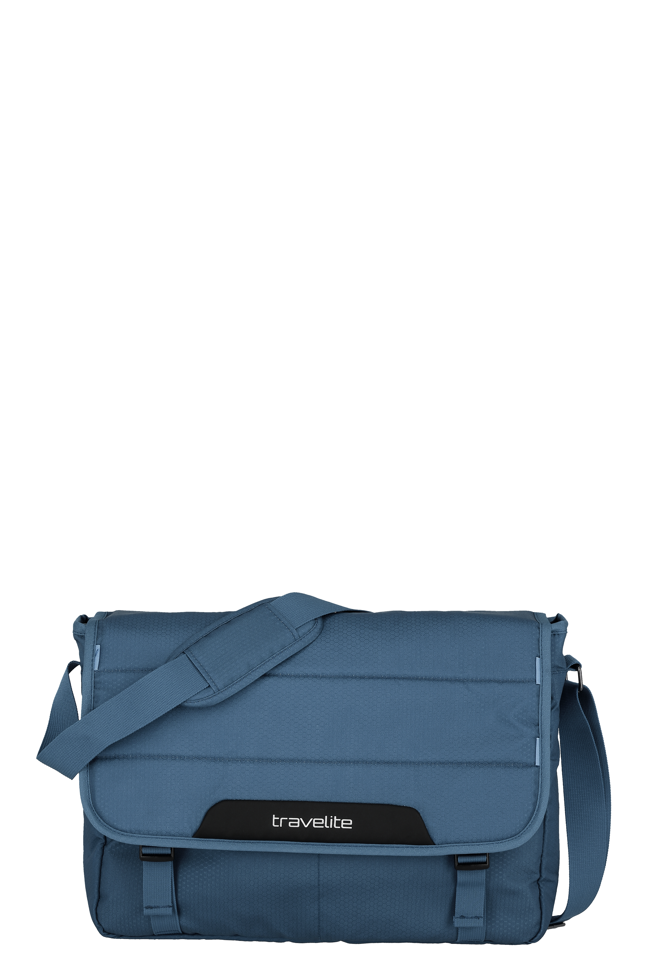 Blaue travelite Umhängetasche mit verstellbarem Schultergurt und Frontklappe, ideal für Alltag oder Reise