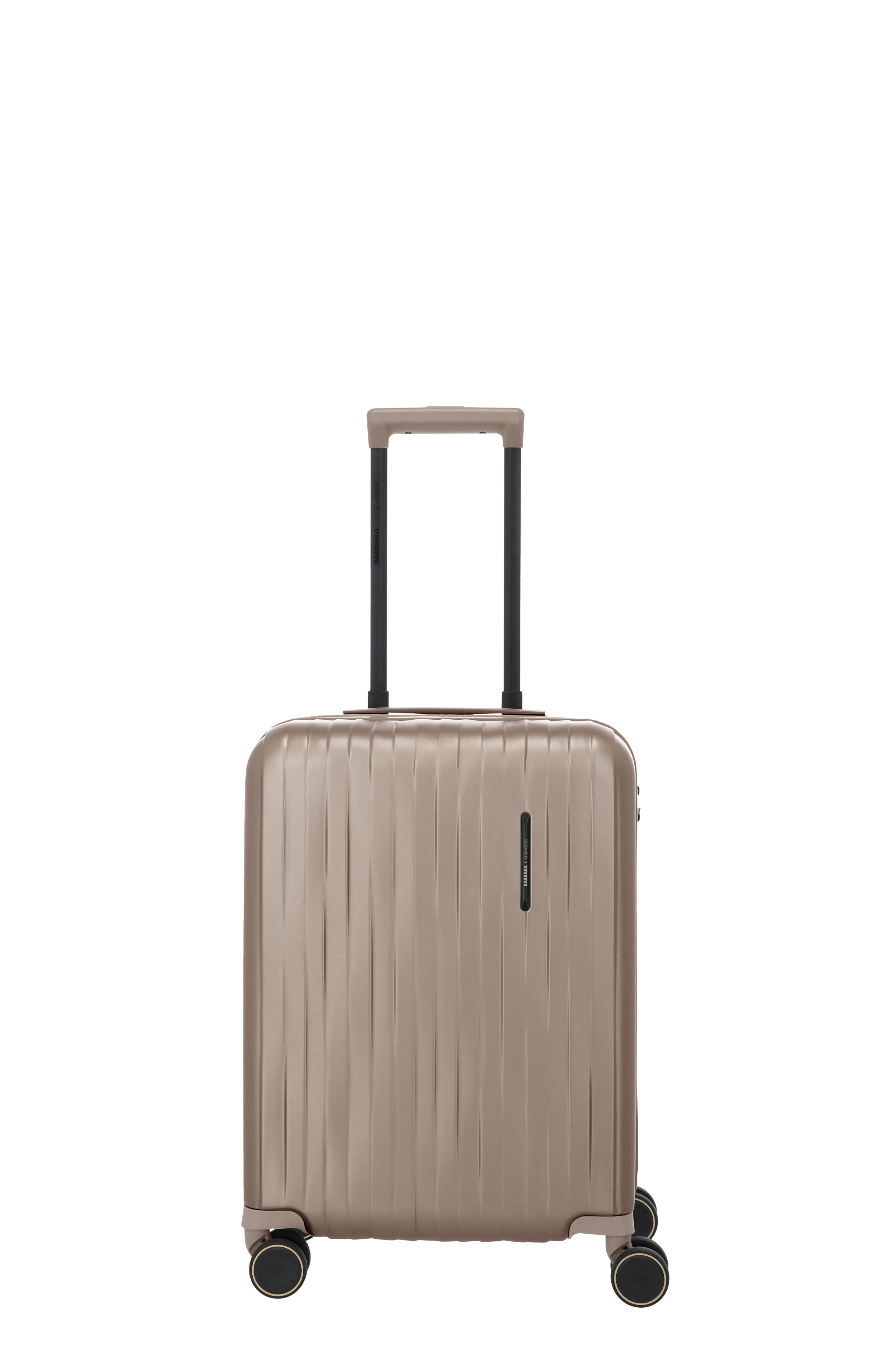 Moderner Hartschalenkoffer in Beige mit vier Doppelrollen und Teleskopgriff Beiger Hartschalenkoffer mit vier Rollen und ausziehbarem Griff, ideal für Reisen