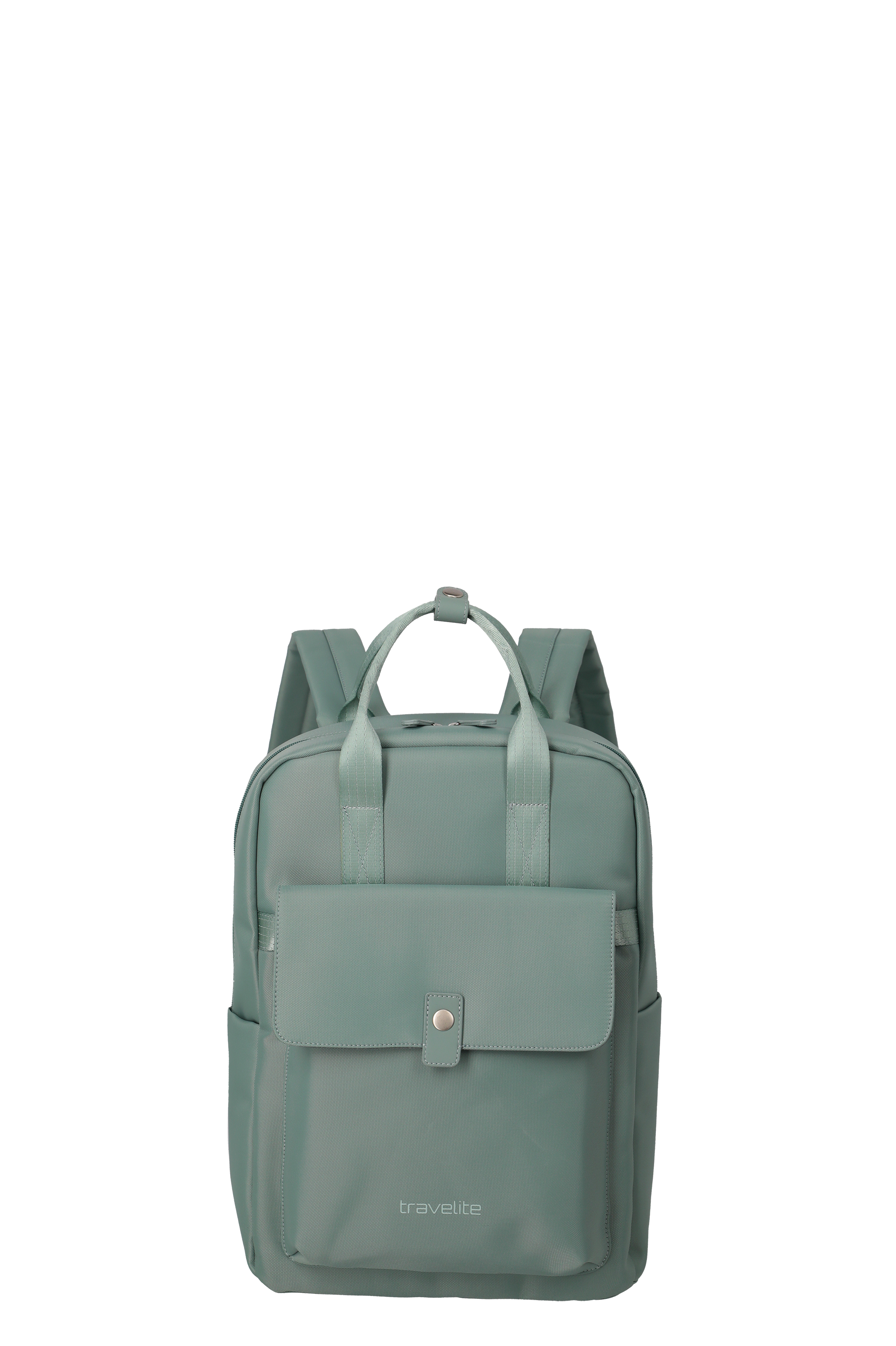 A black rucksack stands against a white background. The rucksack has shoulder straps, a carrying handle and a rectangular front pocket with a button fastening. The brand name is printed on the bag.