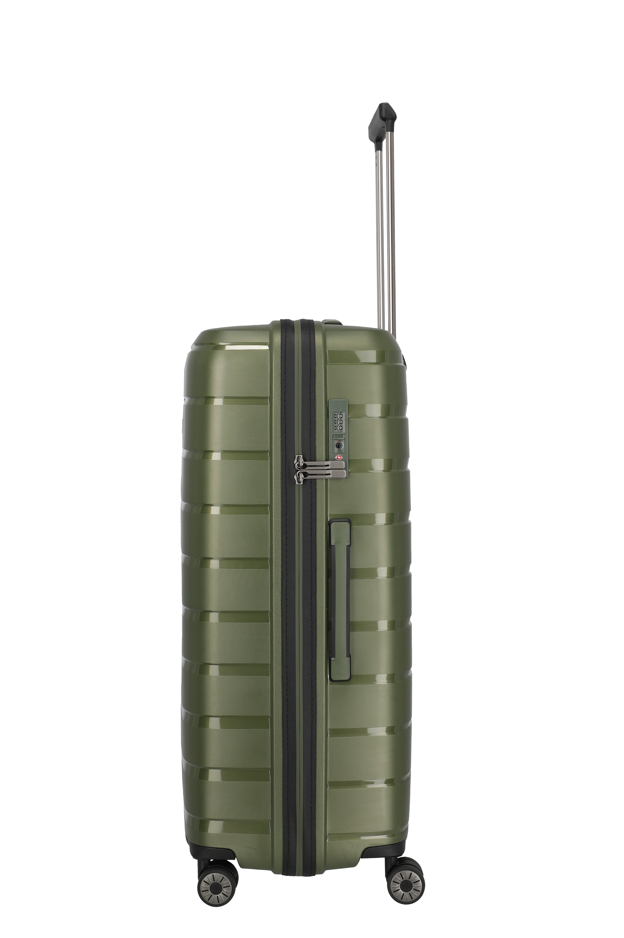 Robuster Reisekoffer in Olivgrün mit 4 Rollen und Teleskopgriff – Seitenansicht