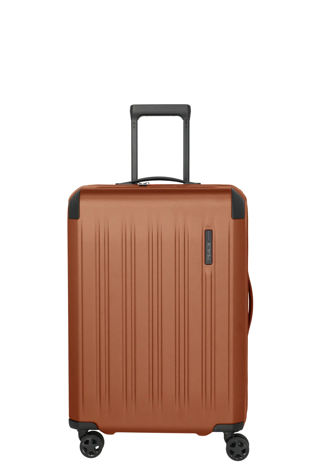 Hartschalenkoffer in Braun mit vier Rollen und Teleskopgriff, ideal für Reisen Brauner Hartschalenkoffer mit vier Rollen und ausziehbarem Griff, Vorderansicht