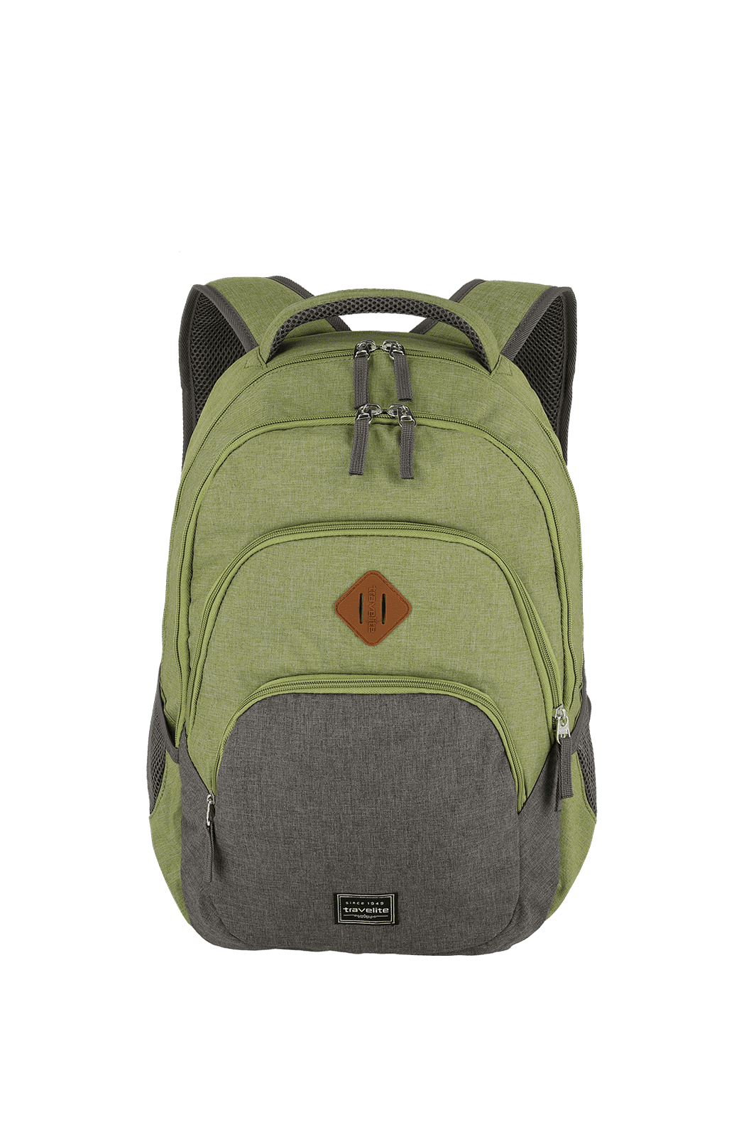 Moderner grüner Rucksack mit grauen Akzenten - Perfekt für Schule und Freizeit Grüner Rucksack mit mehreren Fächern und grauen Akzenten; ideal für Schule und Alltag