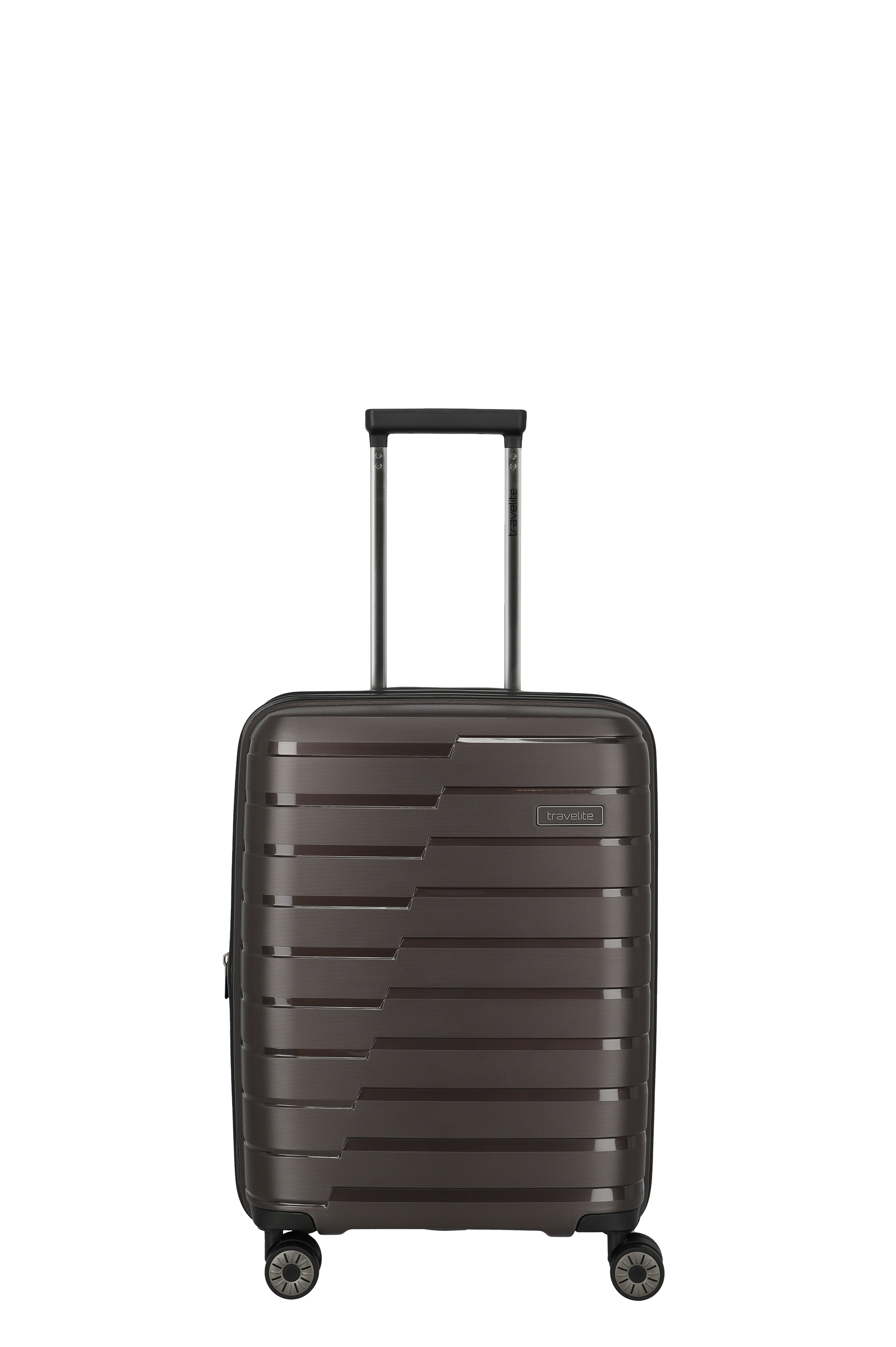 Travelite Hartschalen-Trolley in Braun mit vier Rollen und Teleskopgriff – Handgepäck Koffer Brauner Hartschalen-Koffer von Travelite mit vier Rollen und ausziehbarem Teleskopgriff, ideal als Handgepäck