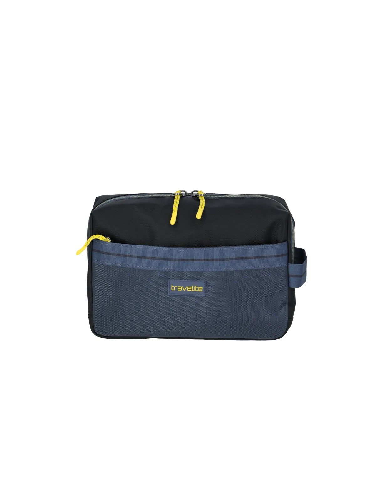 Travelite Kulturtasche in Blau und Schwarz mit gelben Reißverschlüssen Abgebildet ist eine rechteckige Travelite Kulturtasche in Blau und Schwarz mit mehreren Fächern und gelben Reißverschluss-Zippern.