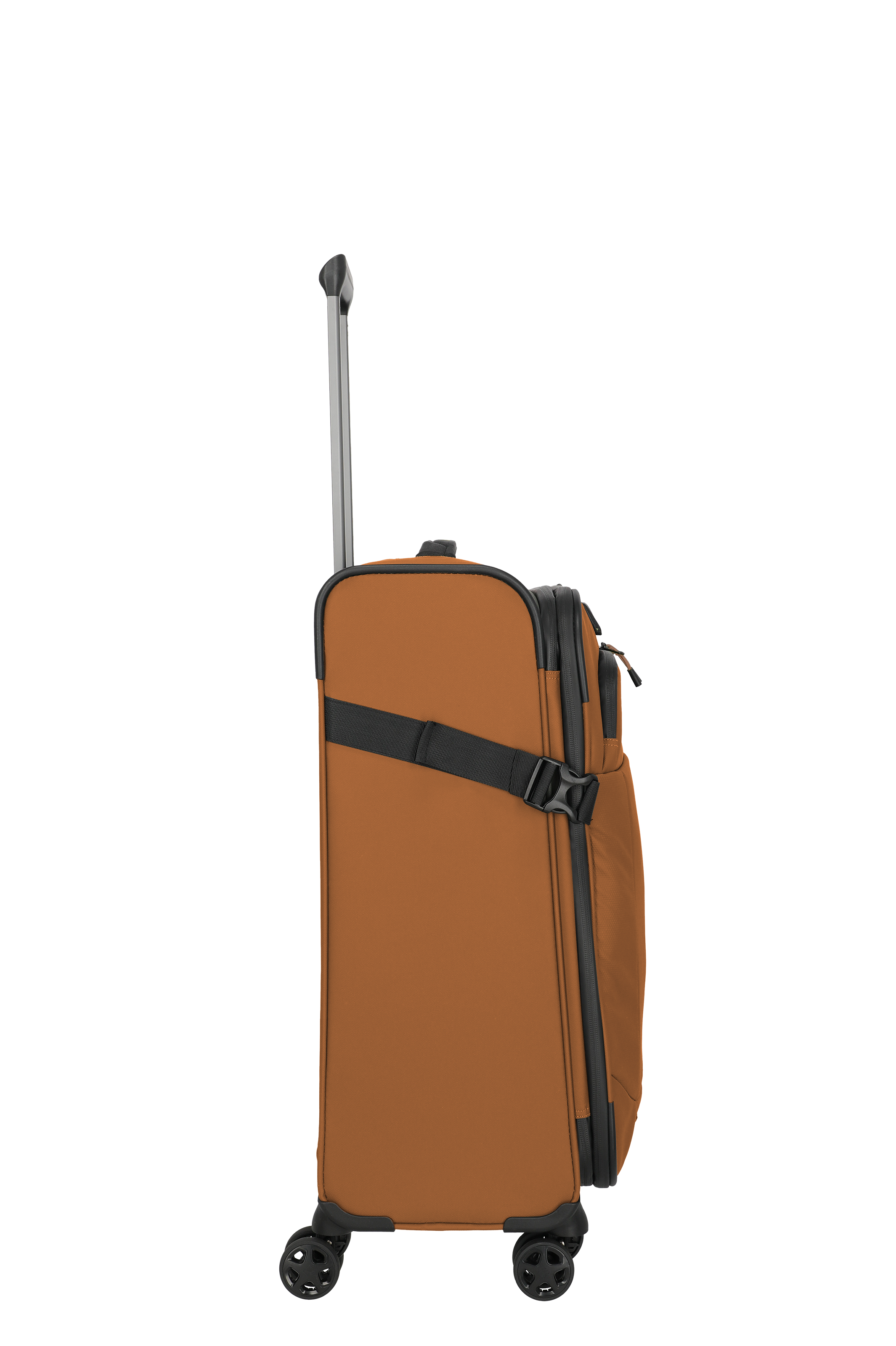 Moderner rollbarer Koffer in Braun mit Teleskopgriff und seitlichem Gurt