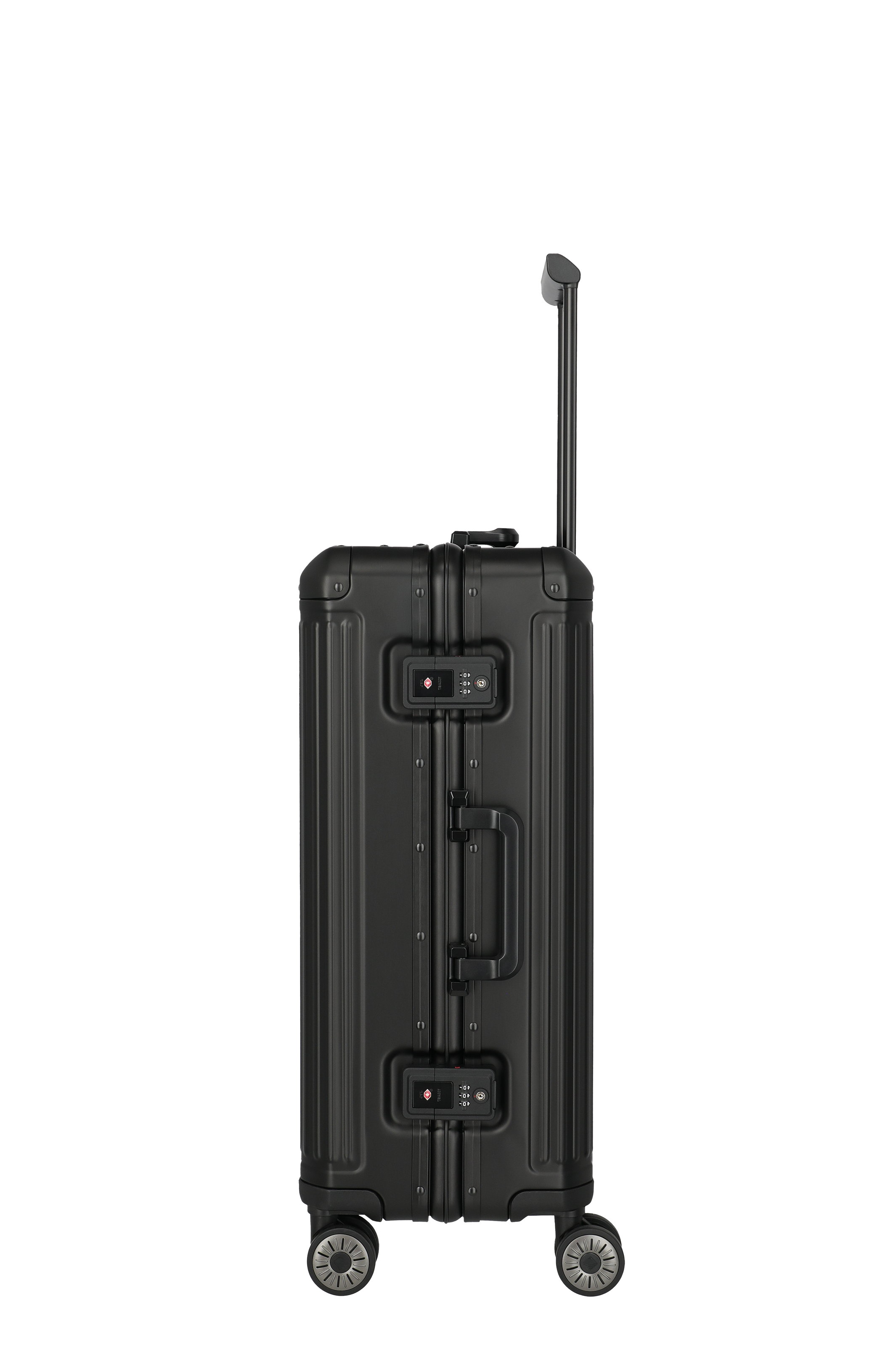 Schwarzer Hartschalenrollkoffer mit TSA-Schloss und Teleskopgriff – Seitenansicht