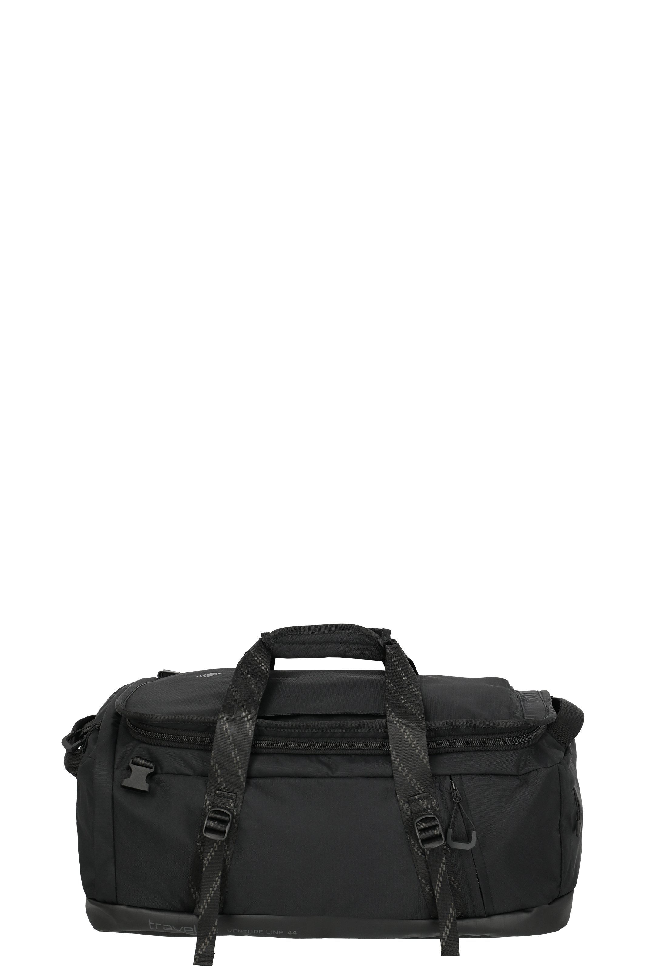Black travelling bag on a black background. Two carrying handles with additional connecting handle. Small zip pocket at the front. Loops and buckles on the sides.