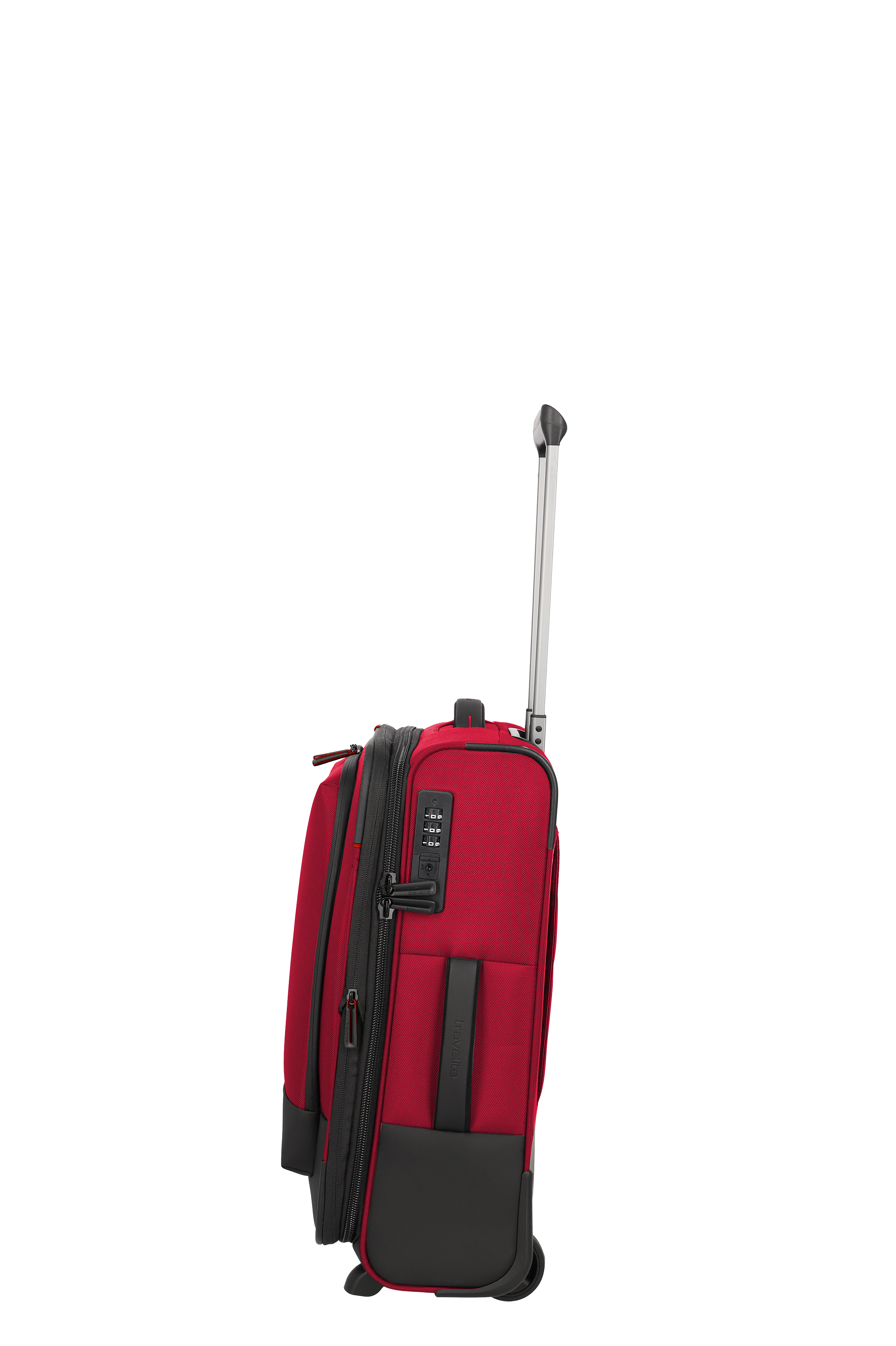 Roter Handgepäck-Trolley mit Zahlenschloss und ausziehbarem Griff – Seitenansicht