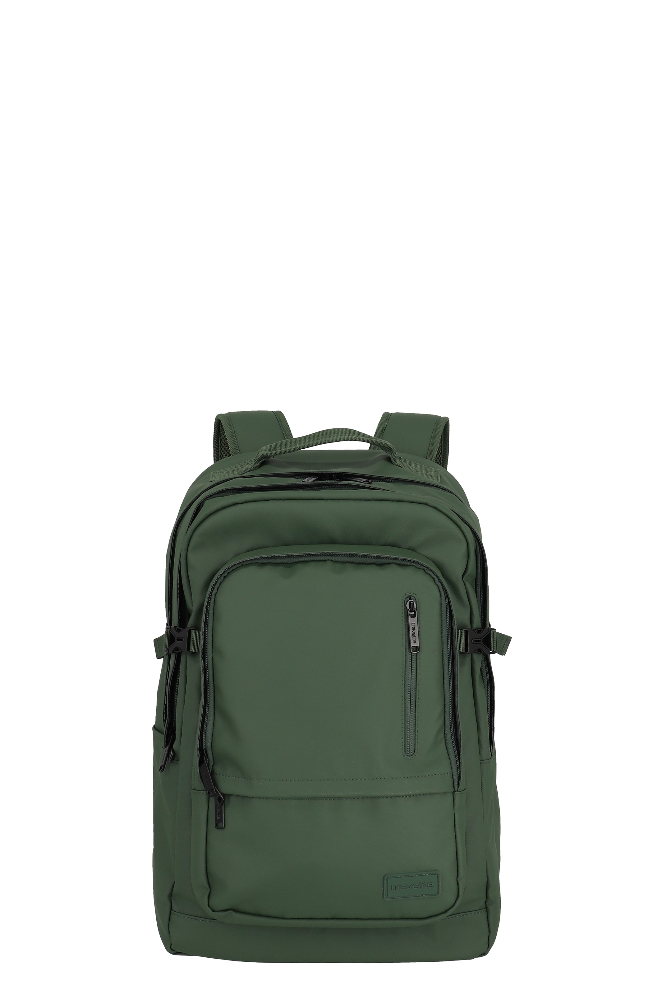 Zaino TRAVELITE BASICS verde con spallacci imbottiti e diversi scomparti. Sono visibili uno scomparto principale con zip e una tasca frontale con zip. Le cinghie regolabili sono fissate ai lati.