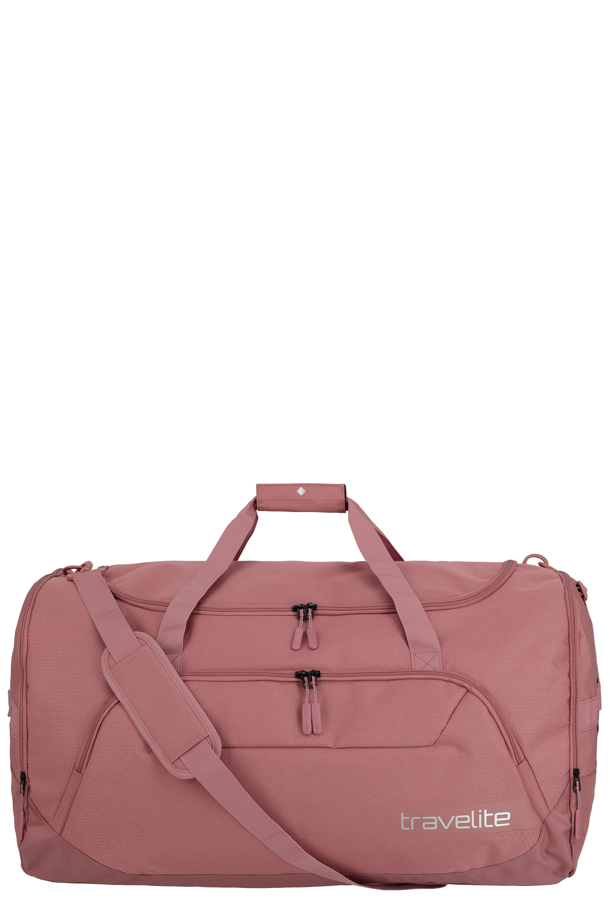 A pink TRAVELITE leisure bag XL is equipped with carrying handles, shoulder strap and two zip compartments. The brand logo is located at the bottom right of the front.