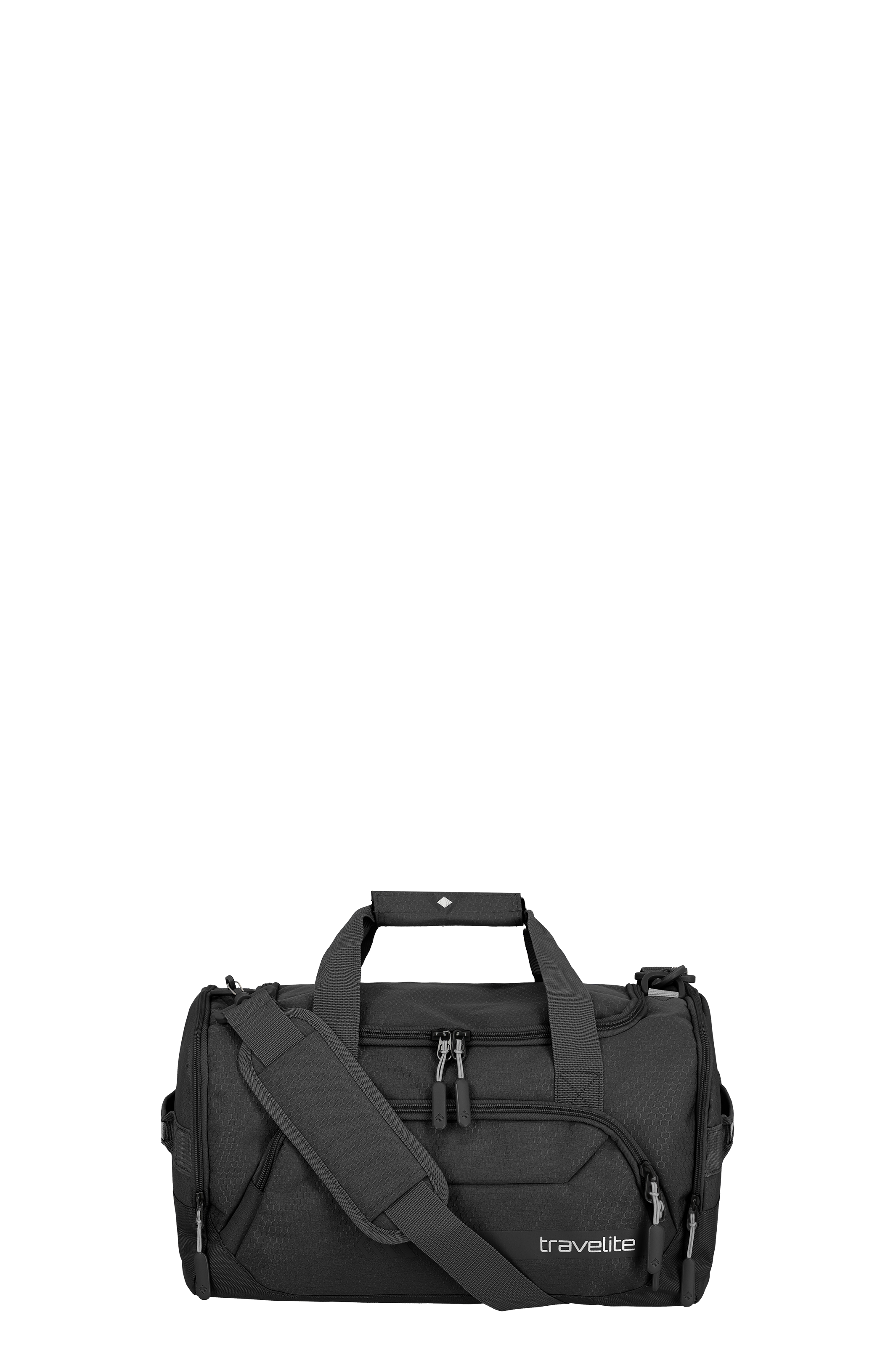 Sac de loisirs noir TRAVELITE S avec poignées, une bandoulière et des fermetures éclair argentées. À l'avant, il y a une petite poche avec fermeture éclair. Le logo TRAVELITE est imprimé en bas à droite.