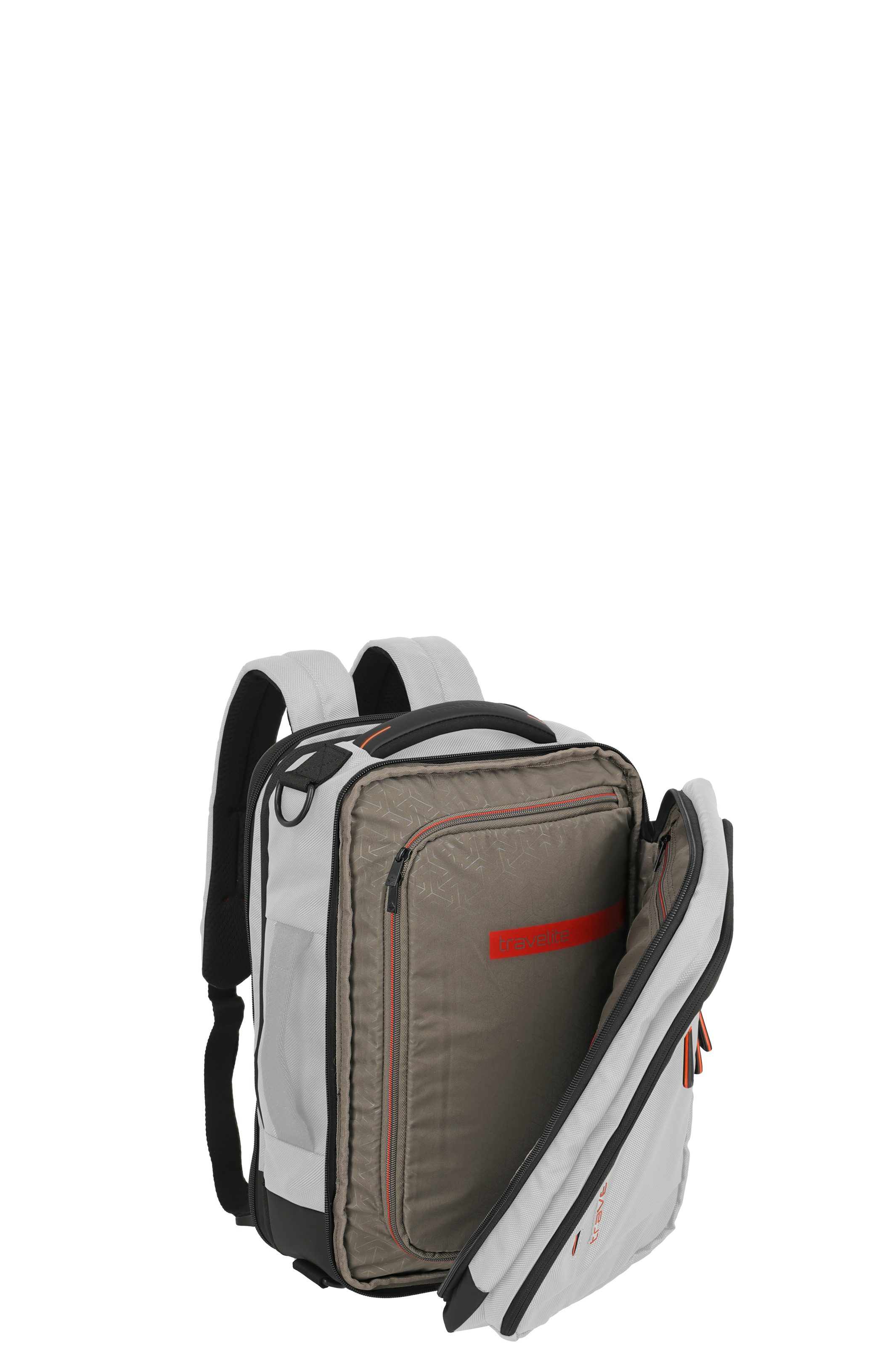 Reiserucksack in Grau mit geöffnetem Hauptfach und ergonomischen Schultergurten