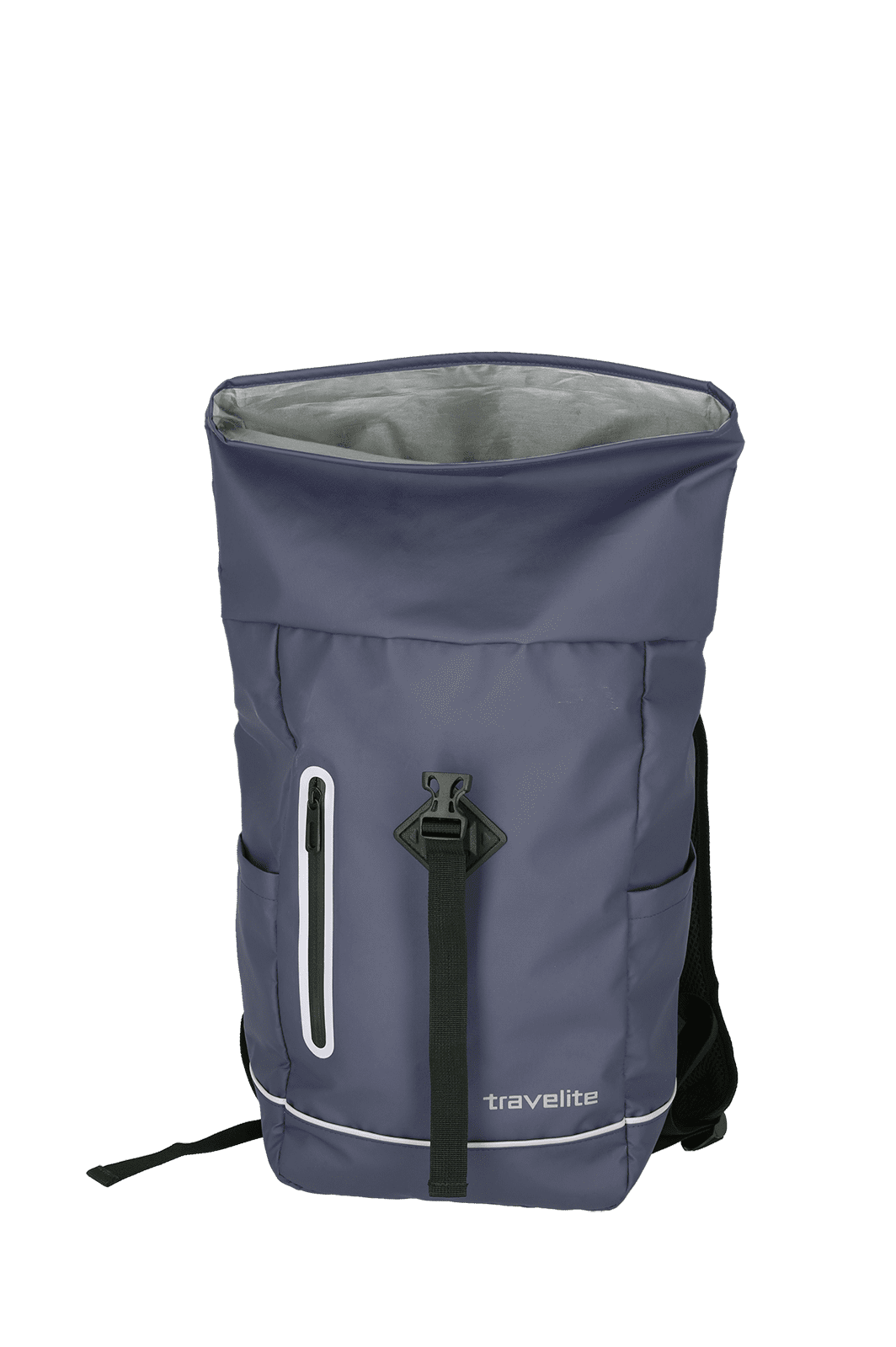 Moderner blauer Rucksack mit Fronttasche und Rolltop-Verschluss