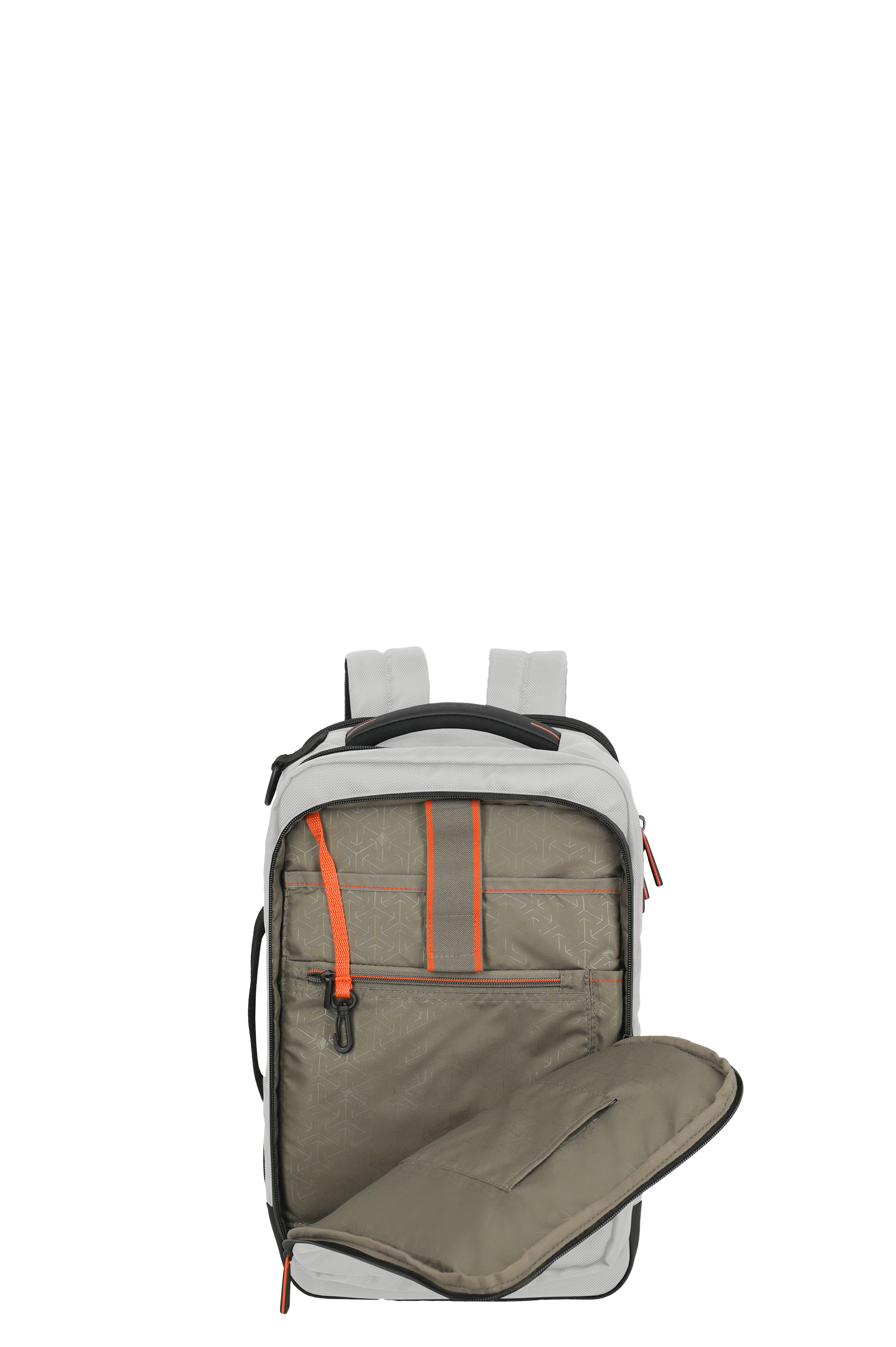 Moderner Rucksack mit geöffnetem Vorderfach und mehreren Innenfächern, grau mit orangen Akzenten