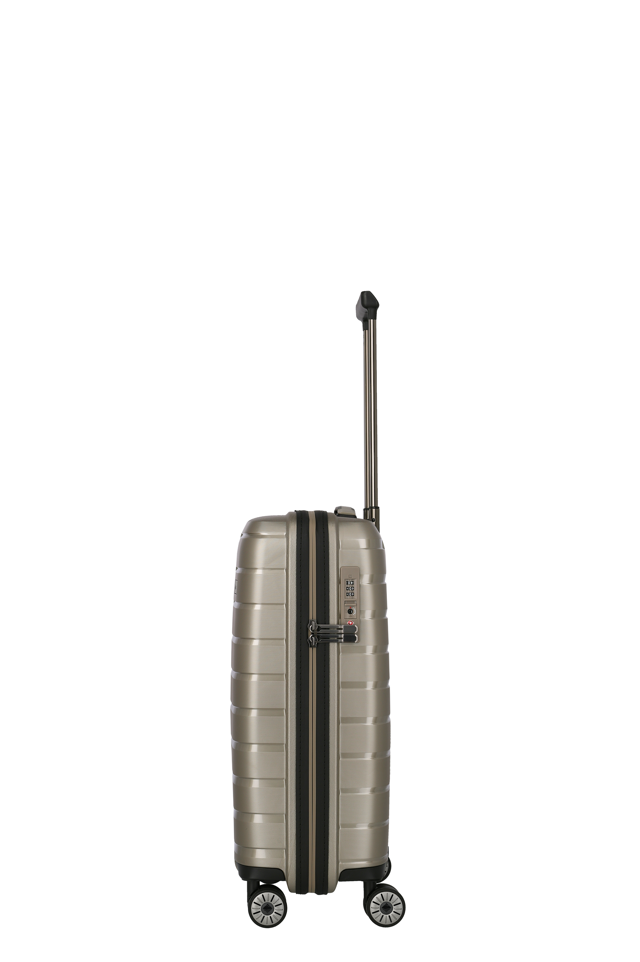 Stabiler Hartschalen-Kabinenkoffer in Champagner mit Teleskopgriff und Zahlenschloss – Seitenansicht