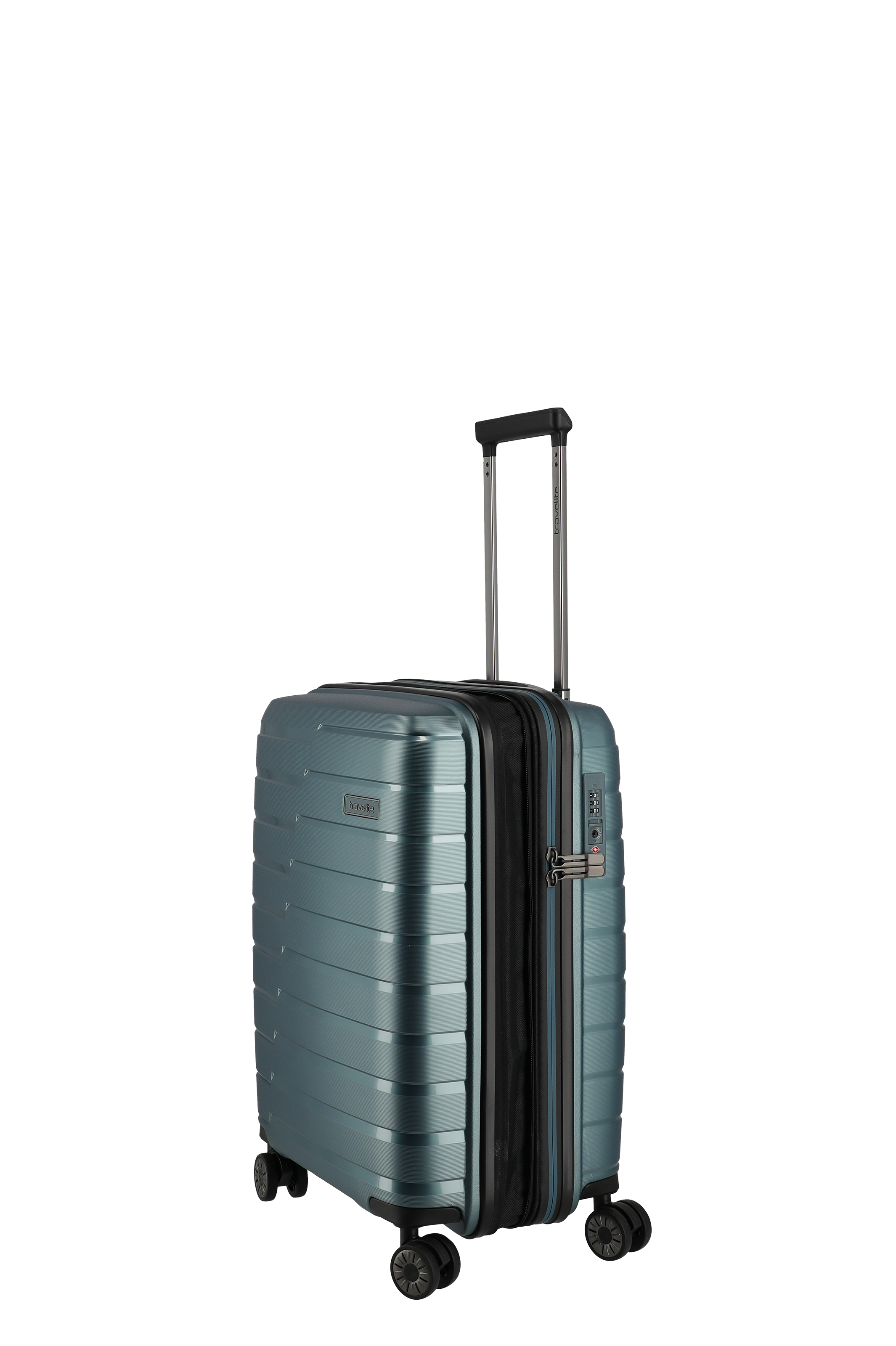 Robuster Handgepäck-Trolley in Metallic-Blau mit vier Rollen und ausziehbarem Teleskopgriff