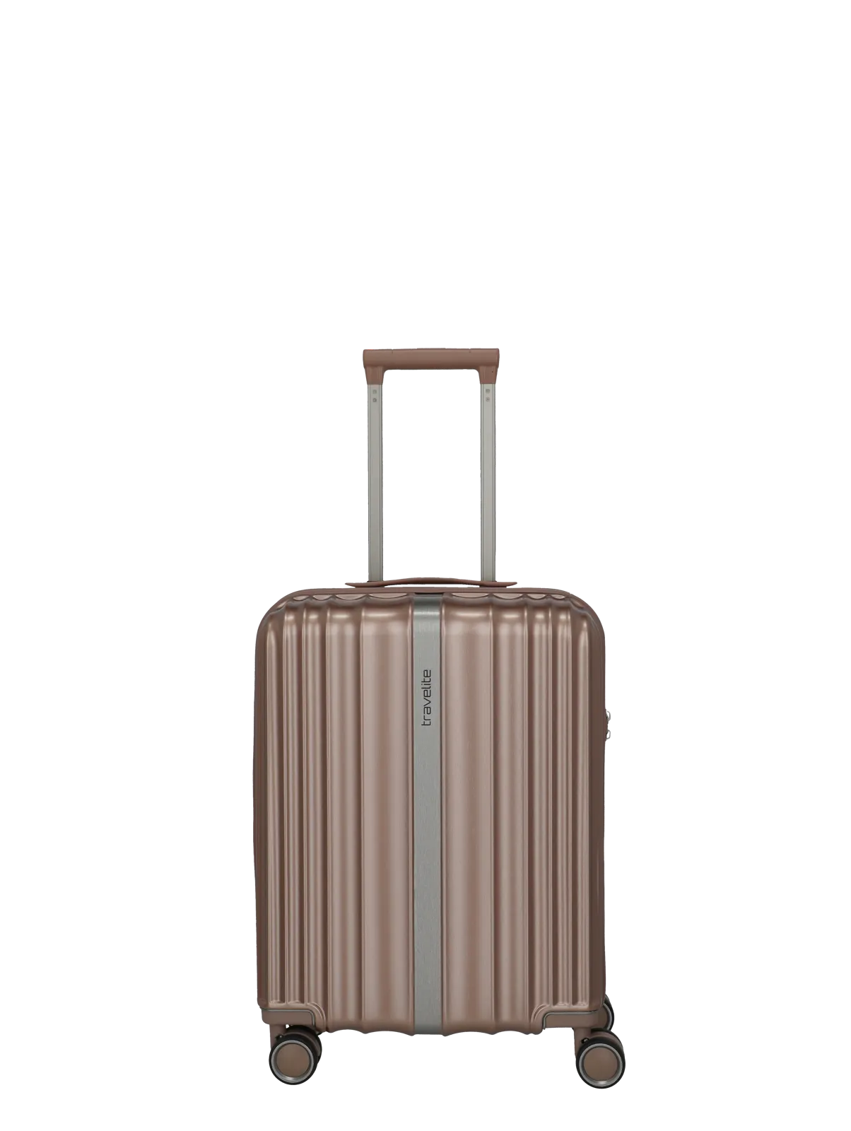 Moderner Hartschalen-Trolley in Roségold mit vier Rollen und Teleskopgriff – ideal als Handgepäck für Reisen Roségoldener Hartschalen-Koffer mit vier Rollen und ausziehbarem Griff, von vorne fotografiert. Das Modell ist kompakt und eignet sich perfekt als Handgepäck.