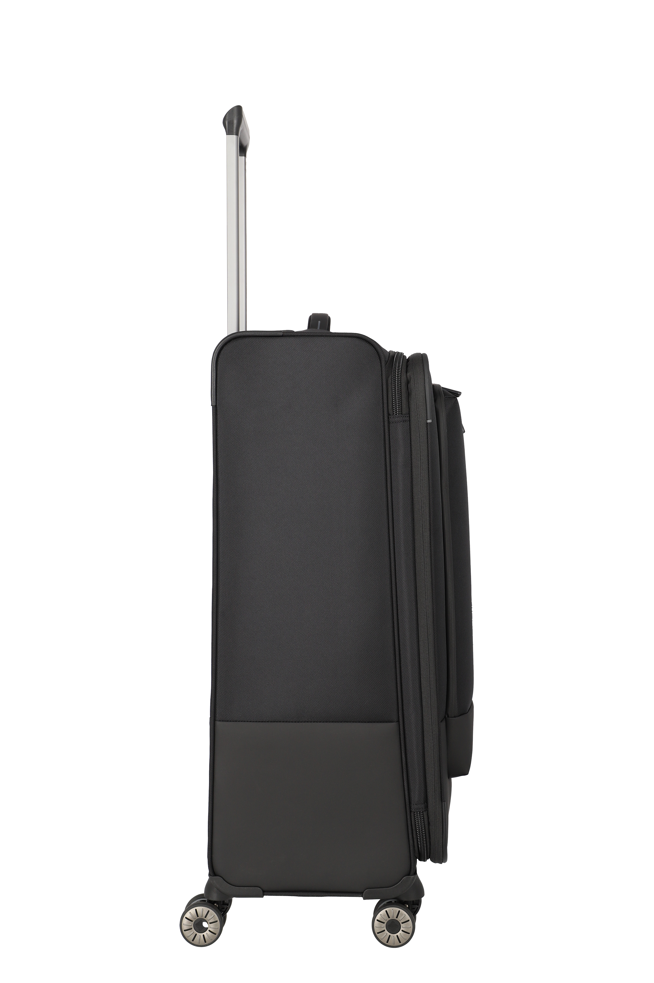 Schwarzer Trolley-Koffer mit Teleskopgriff und vier Rollen in seitlicher Ansicht