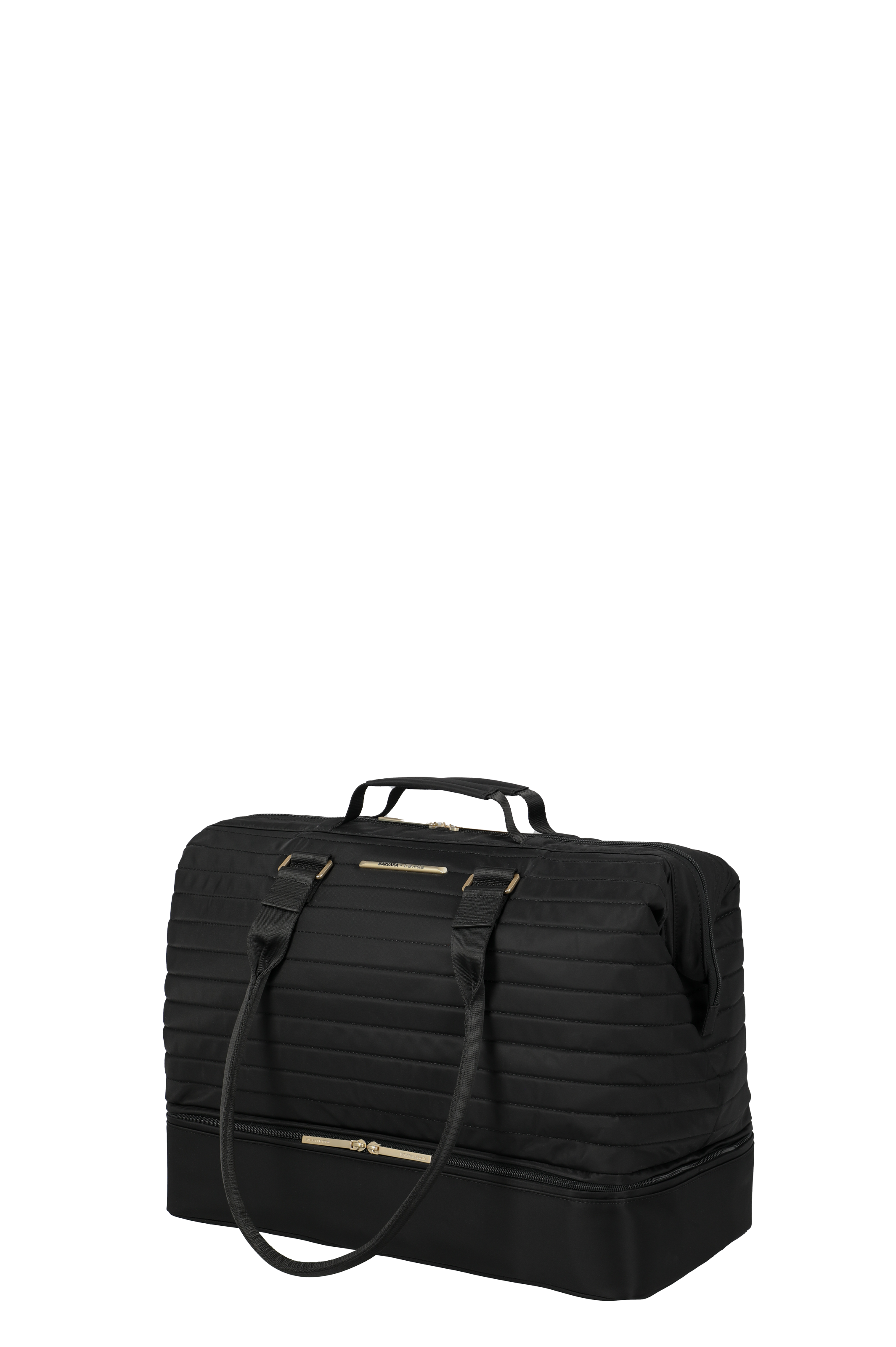 Große schwarze Reisetasche mit Tragegriffen und praktischem Bodenfach, ideal für Wochenendtrips