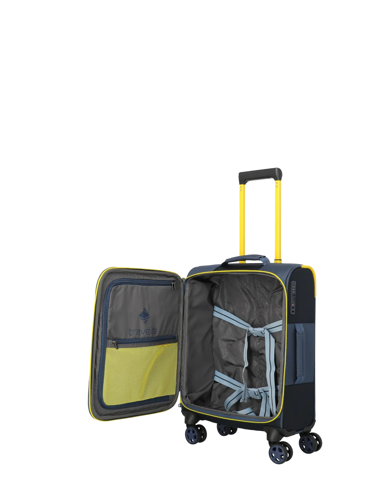 Leichter Hartschalen-Trolley in Blau-Gelb mit TSA-Schloss und 4 Rollen, geöffnet, Innenansicht