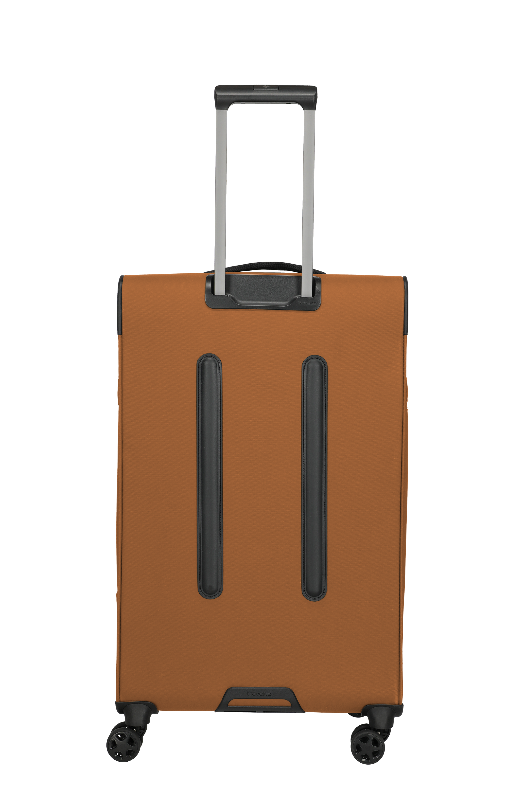Rückansicht eines braunen Rollkoffers mit ausziehbarem Teleskopgriff und vier Rollen