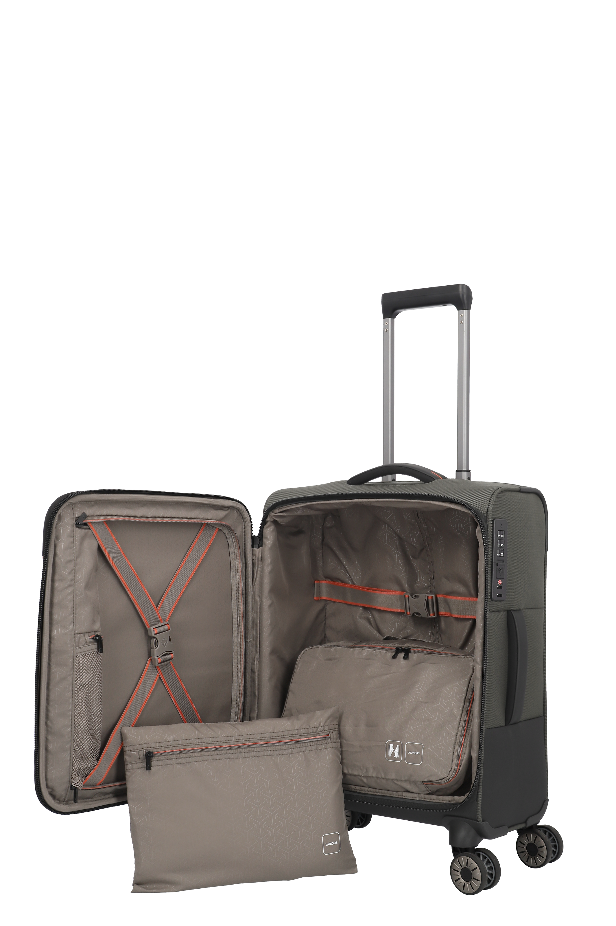 Moderner, aufklappbarer Trolley-Koffer mit Rollen, integriertem Zahlenschloss und praktischen Innentaschen