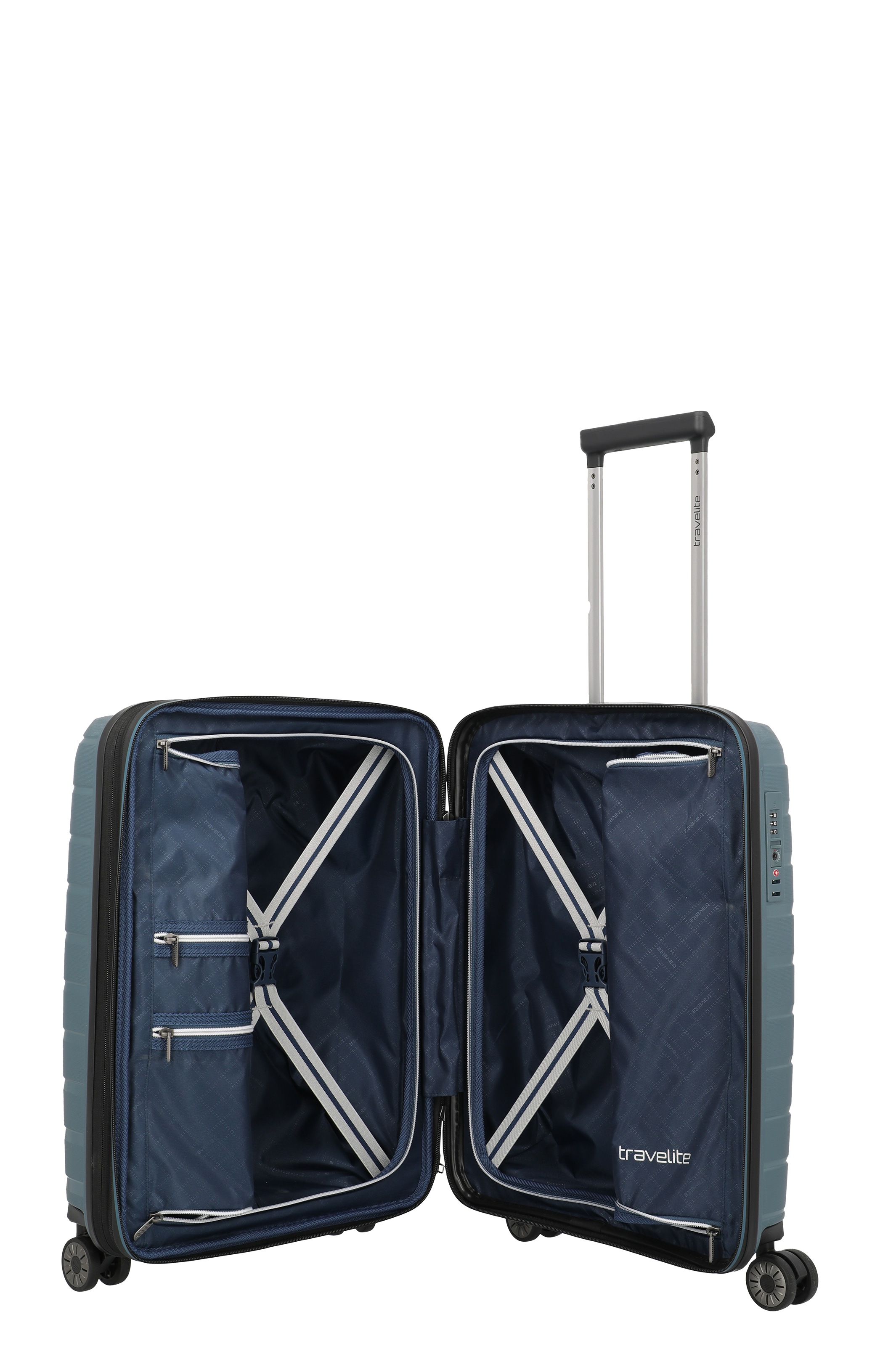 Travelite Hartschalenkoffer in Blau, geöffnet mit geräumigem Innenfach und Organizer, Trolley mit vier Rollen