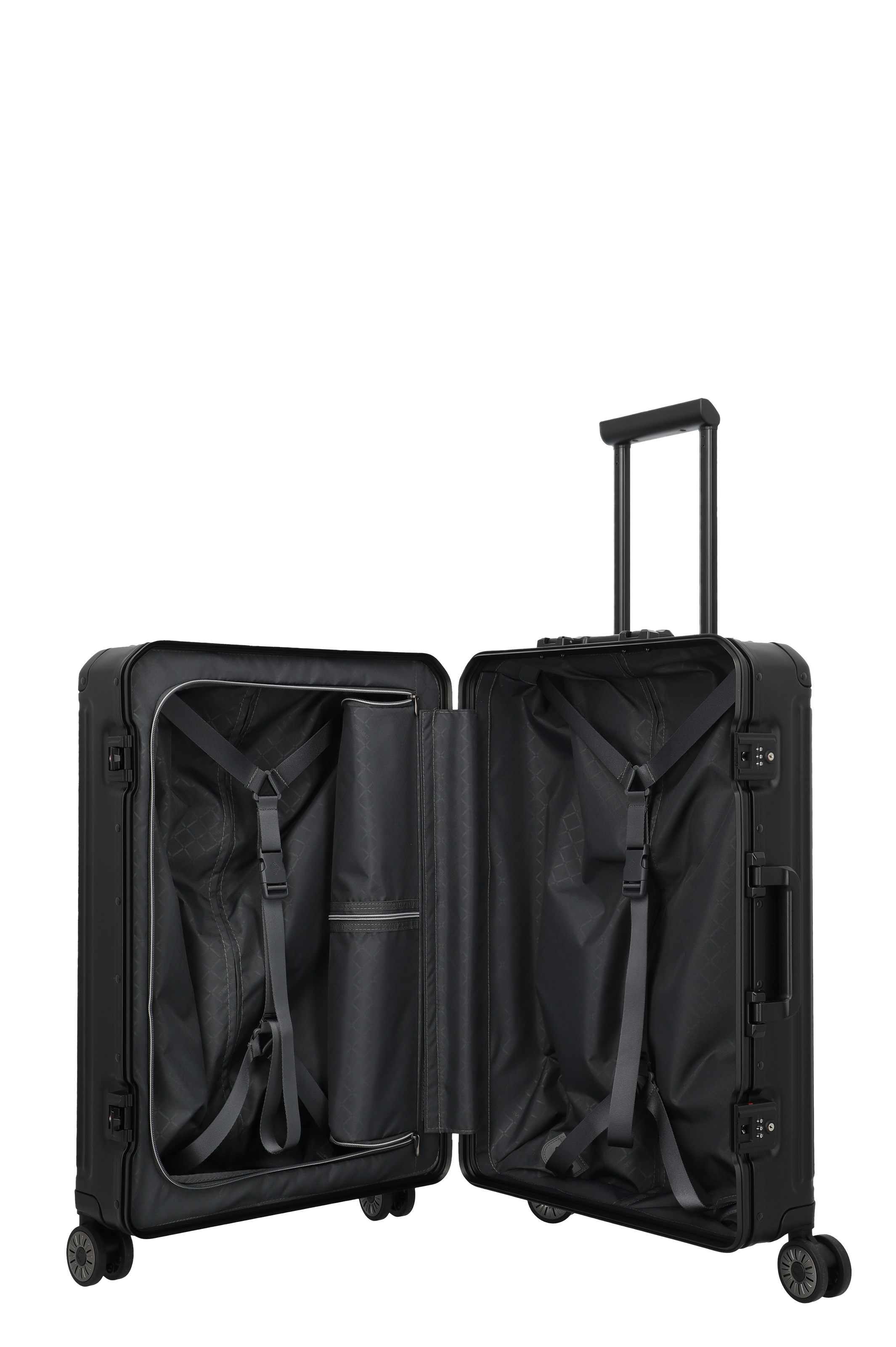 Offener schwarzer Hartschalenkoffer mit Teleskopgriff und praktischer Innenaufteilung