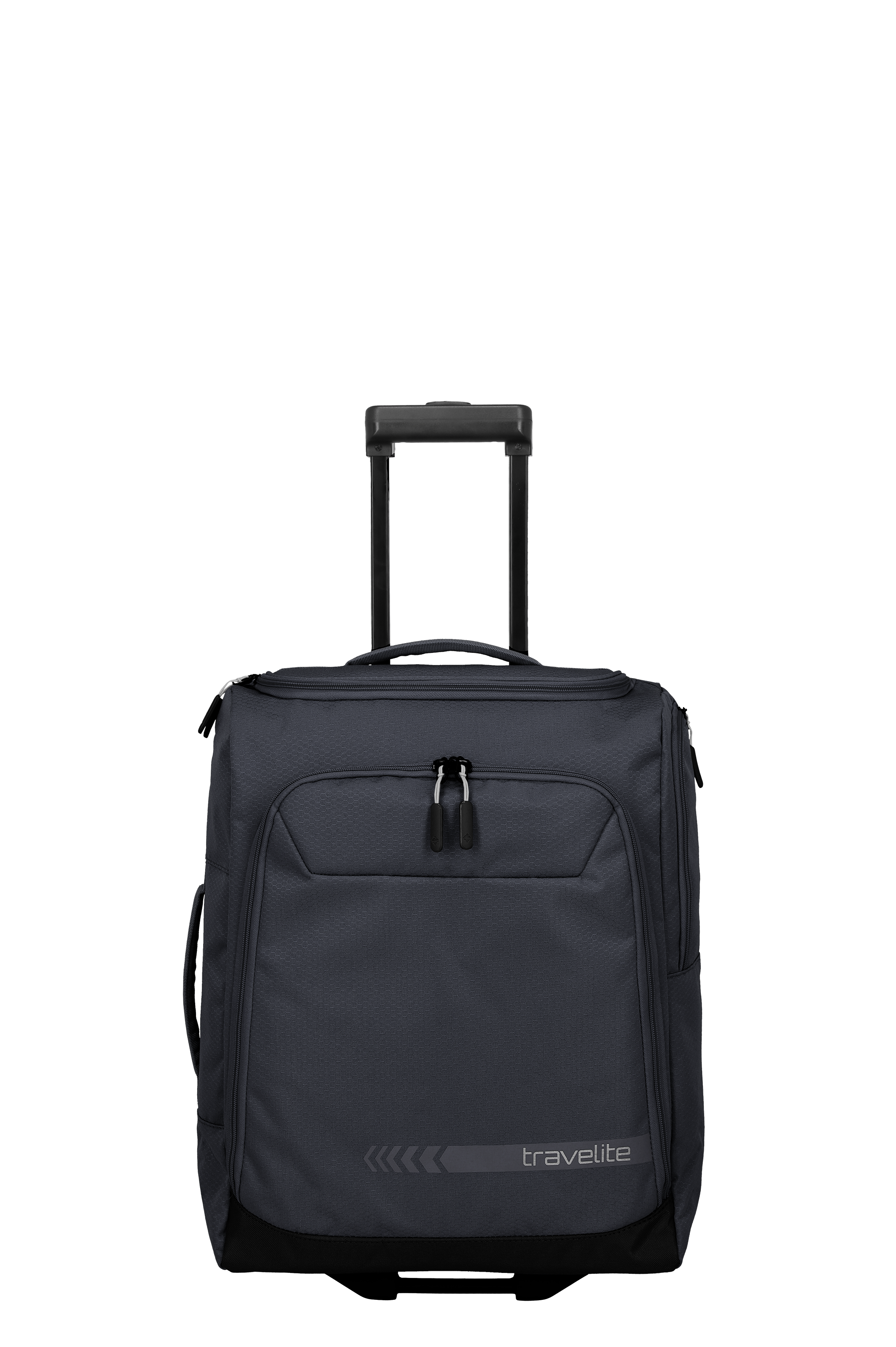 Dark grey TRAVELITE wheeled travel bag size S, upright with handle on top and zips on a small pocket on the front. The TRAVELITE logo is printed on the bottom left. The background is black.